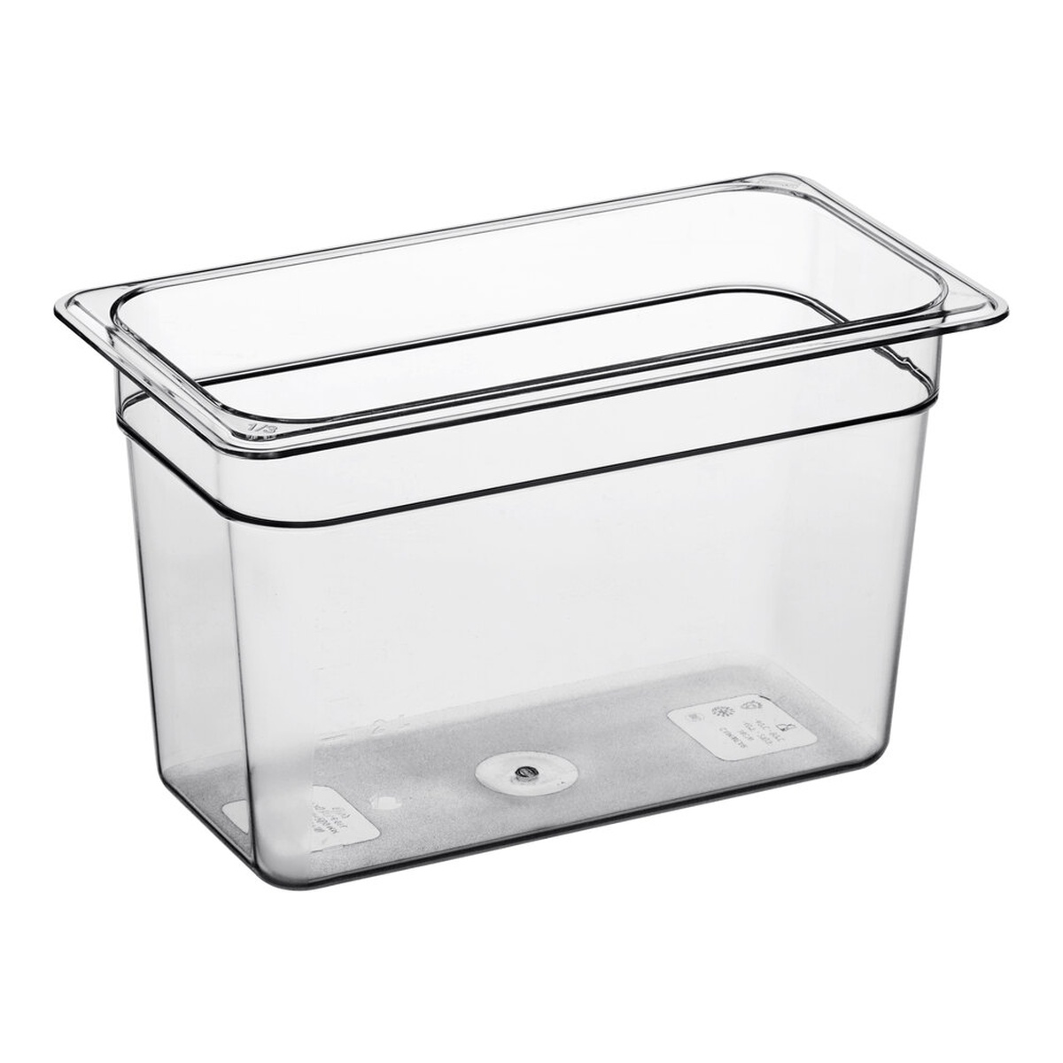 Cambro 38CW135 Camwear 1/3 size clear polycarbonate food pan, 8 inch deep, shown on white background