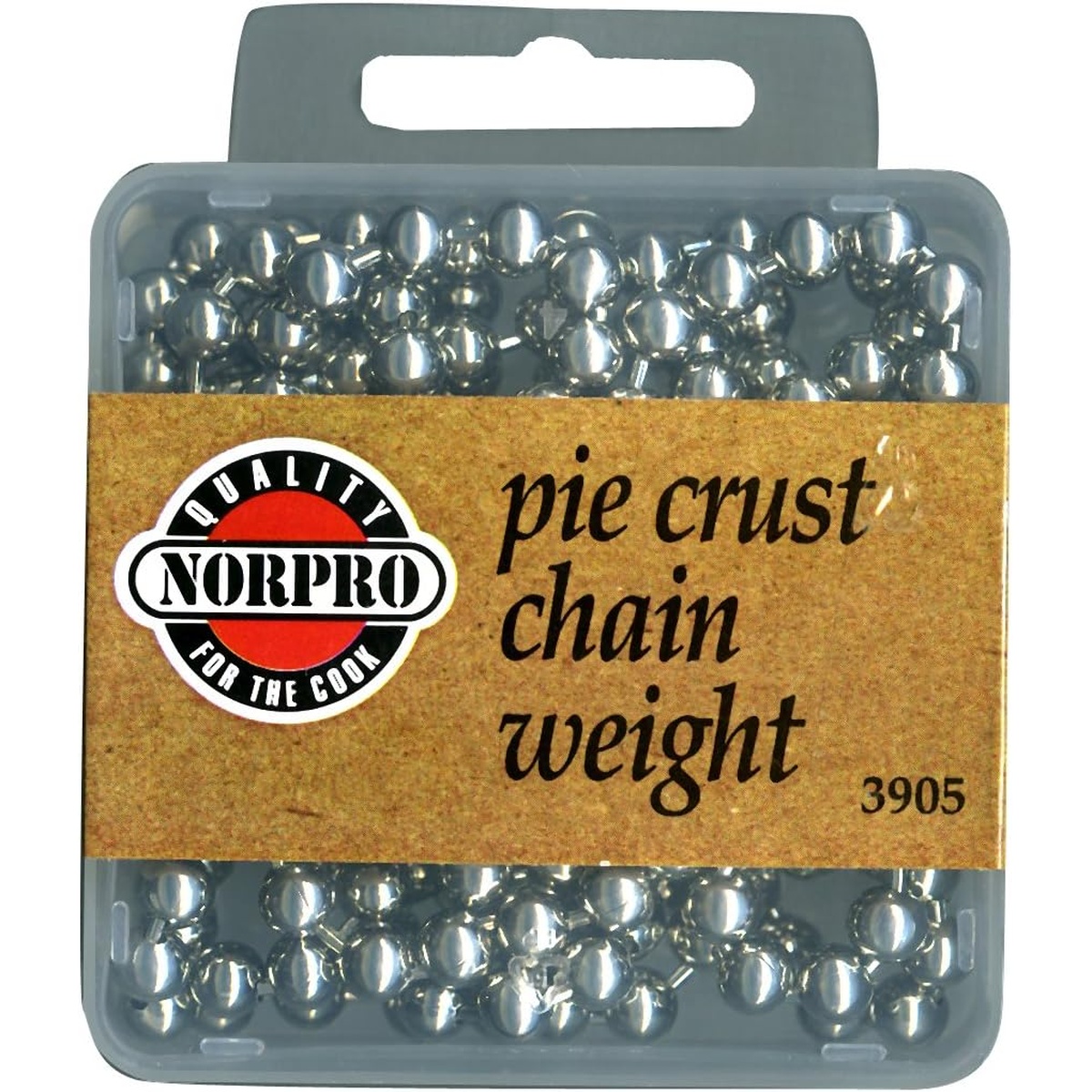 Norpro 3905 pie crust chain weight in its clear plastic storage case with branded label