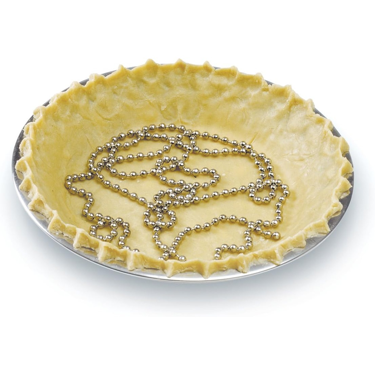 Norpro pie crust weight chain coiled inside an unbaked pie shell in a metal pie pan