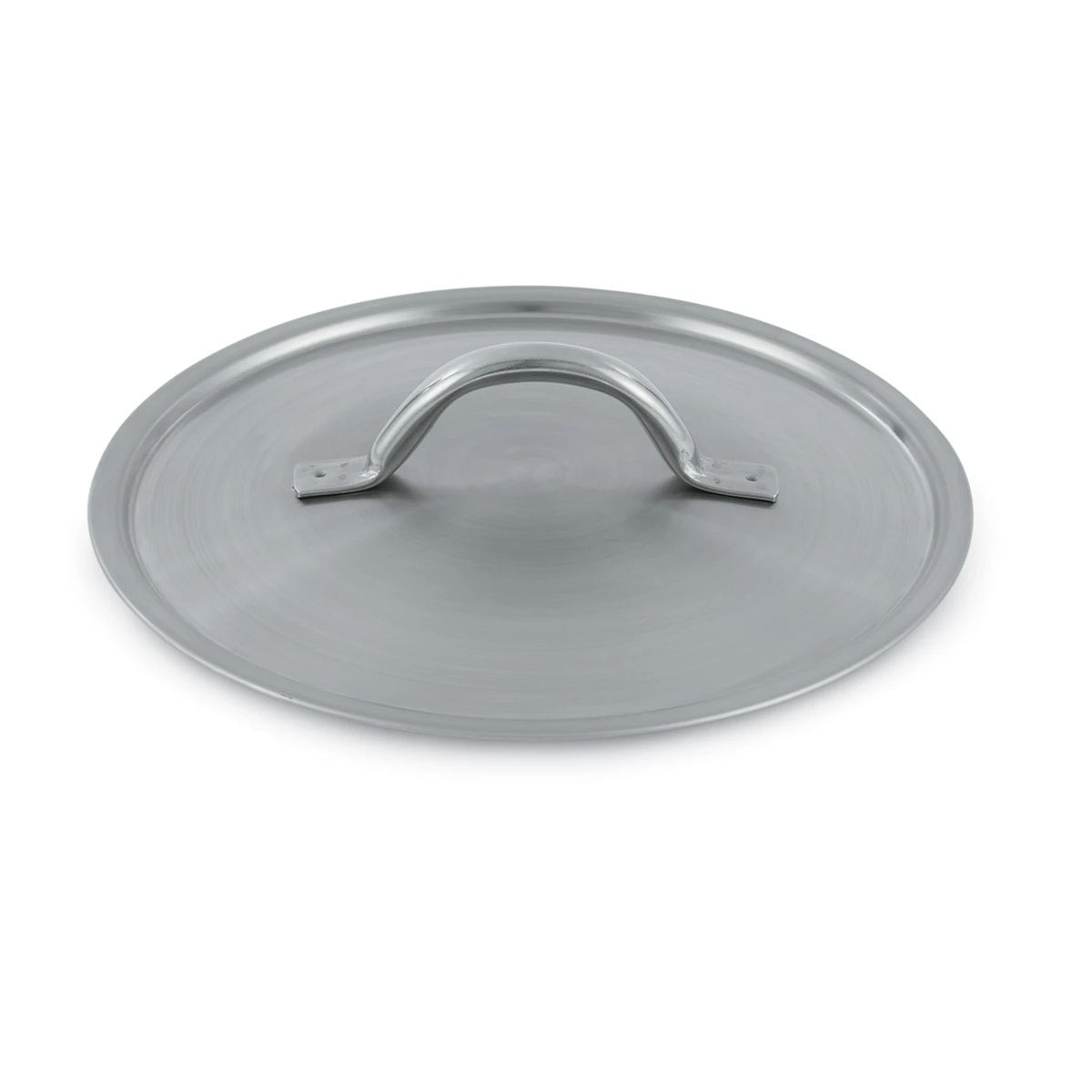 Vollrath 3908C 8-inch Optio flat stainless steel cover with welded loop handle on white background