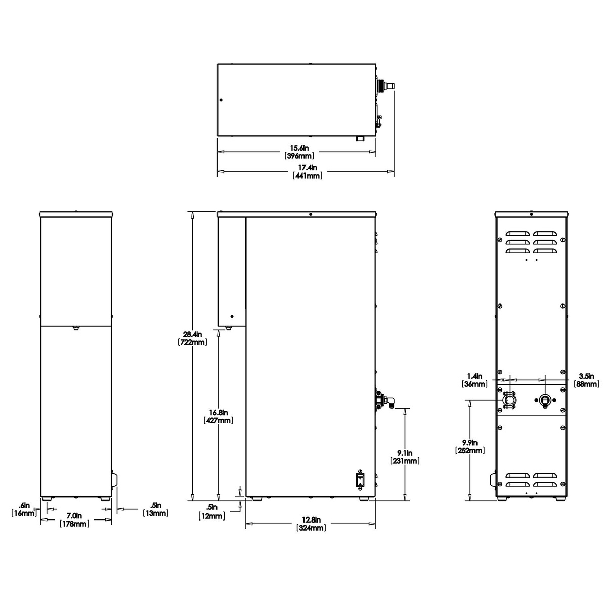 Technical dimension diagram of the Bunn H5E-DV PC hot water dispenser showing width, depth, height, and connection measurements