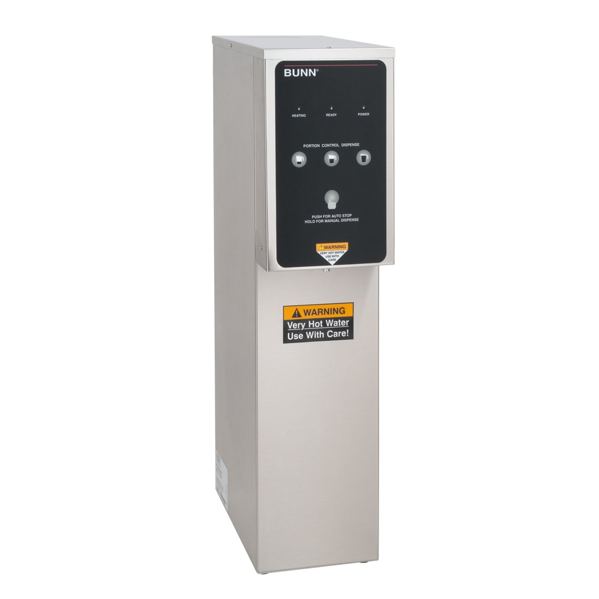 Bunn H5E-DV PC hot water dispenser with front control panel showing portion control buttons and LED status indicators