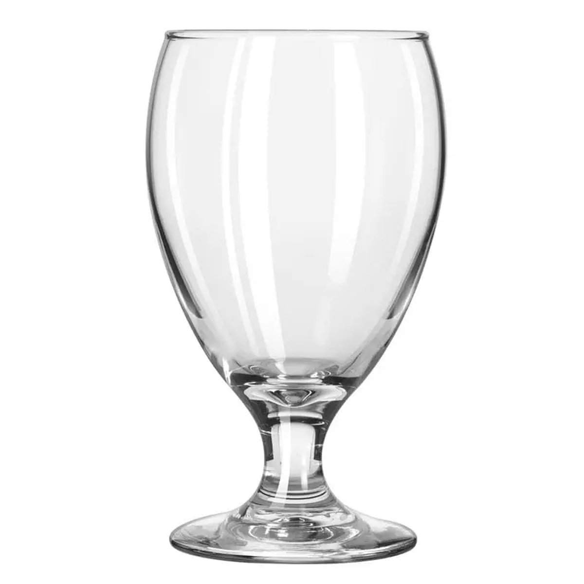 Libbey 3914 Teardrop clear glass goblet with tapered stem and wide rounded bowl on white background