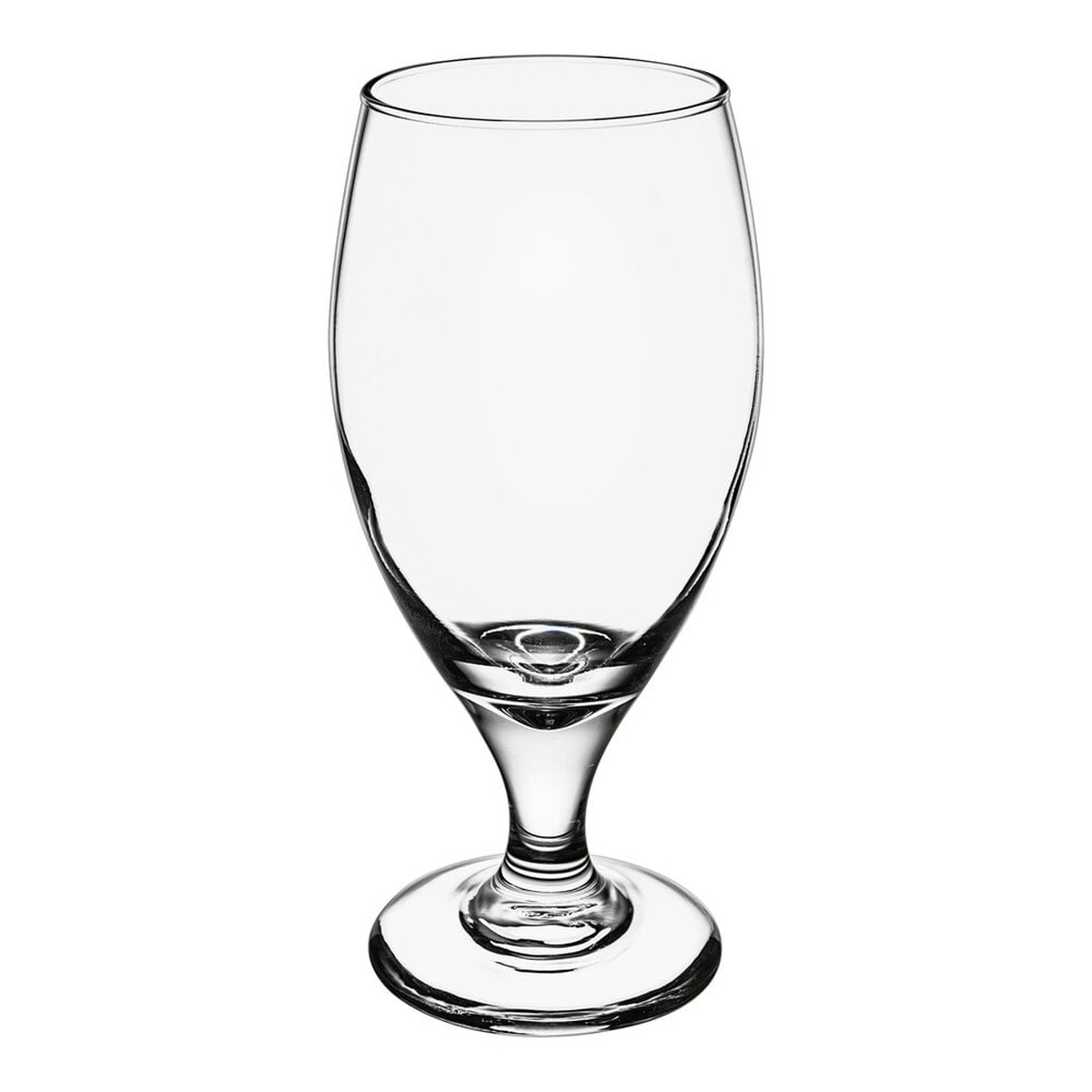Libbey 3915 Teardrop 14.75 oz footed stemmed pilsner beer glass, clear, on white background