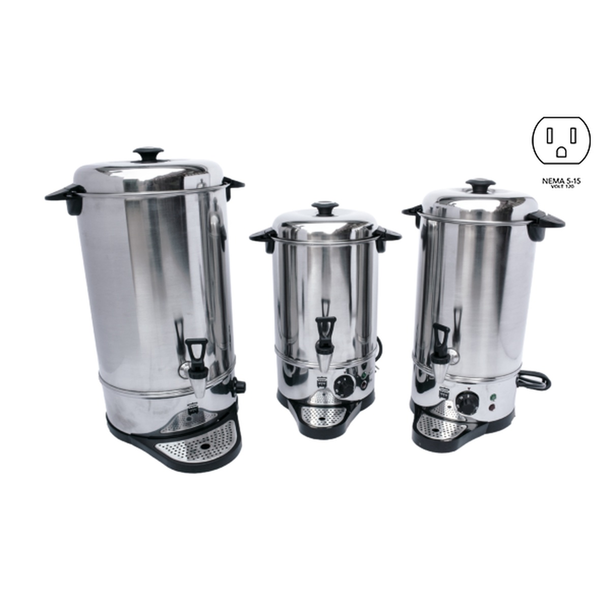 Town stainless steel thermostatic water boilers in three sizes shown side by side on white background