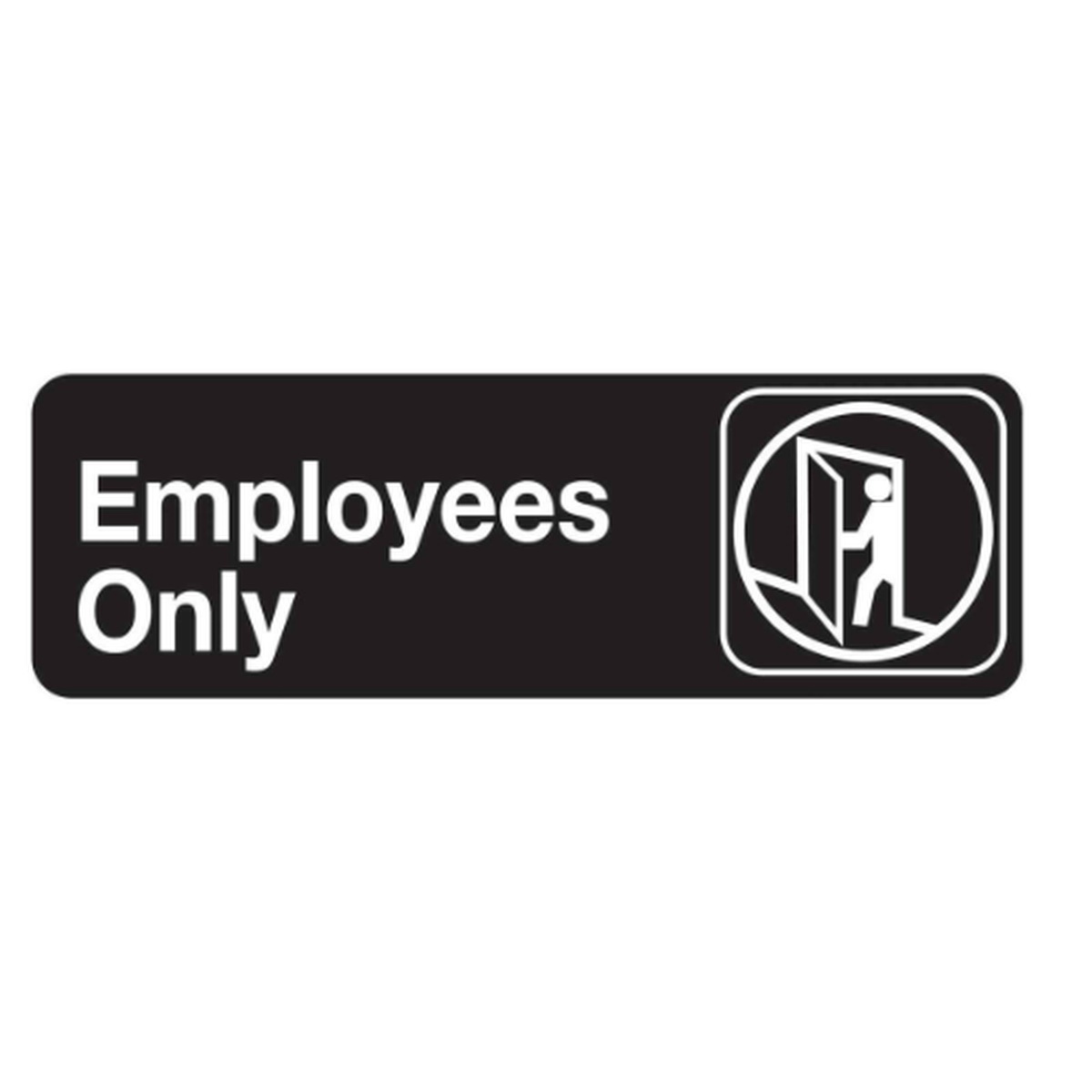 Tablecraft 394506 Employees Only sign, white text and door icon on black plastic background, 3 inch by 9 inch