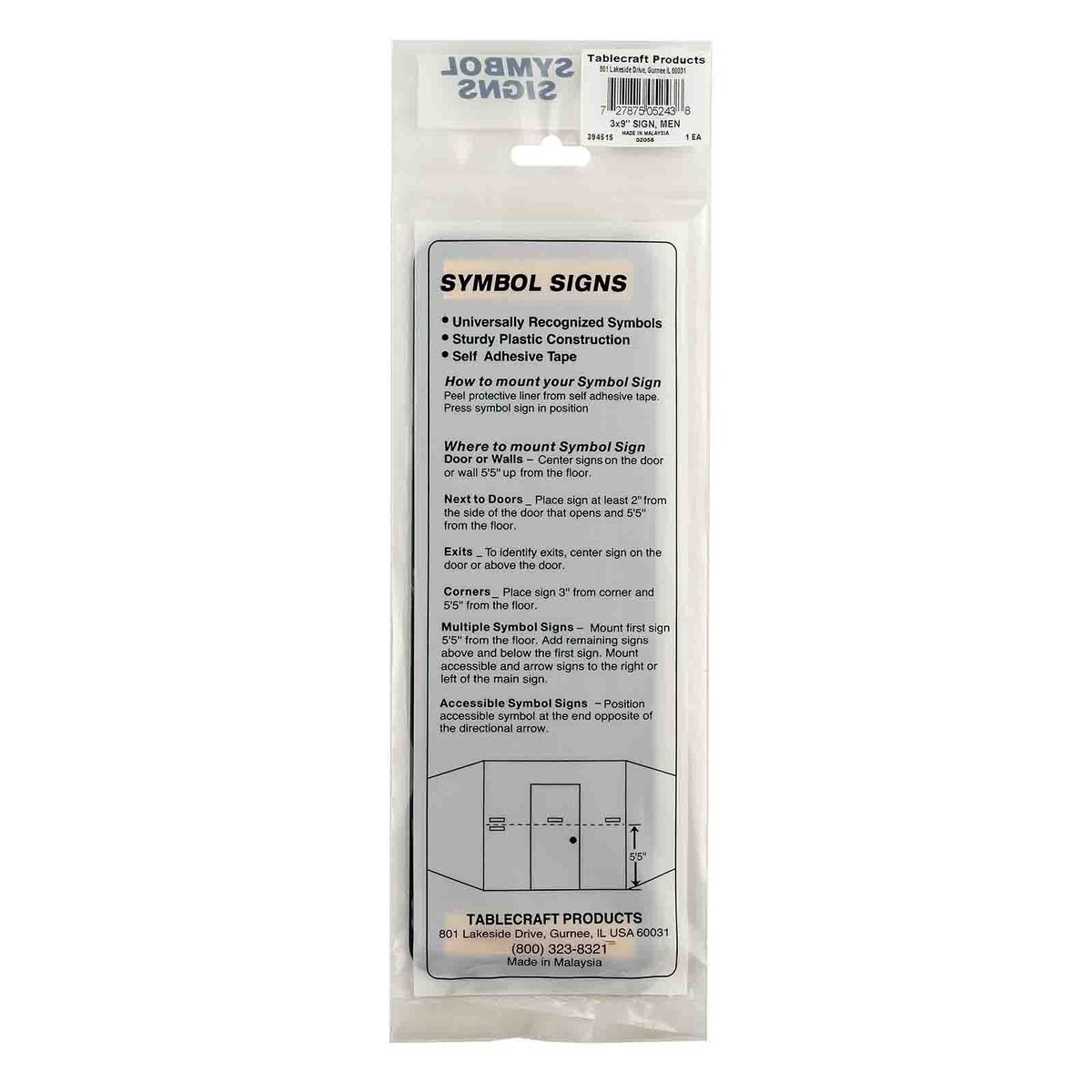 TableCraft Men Restroom Sign packaging back panel with mounting instructions and placement diagram