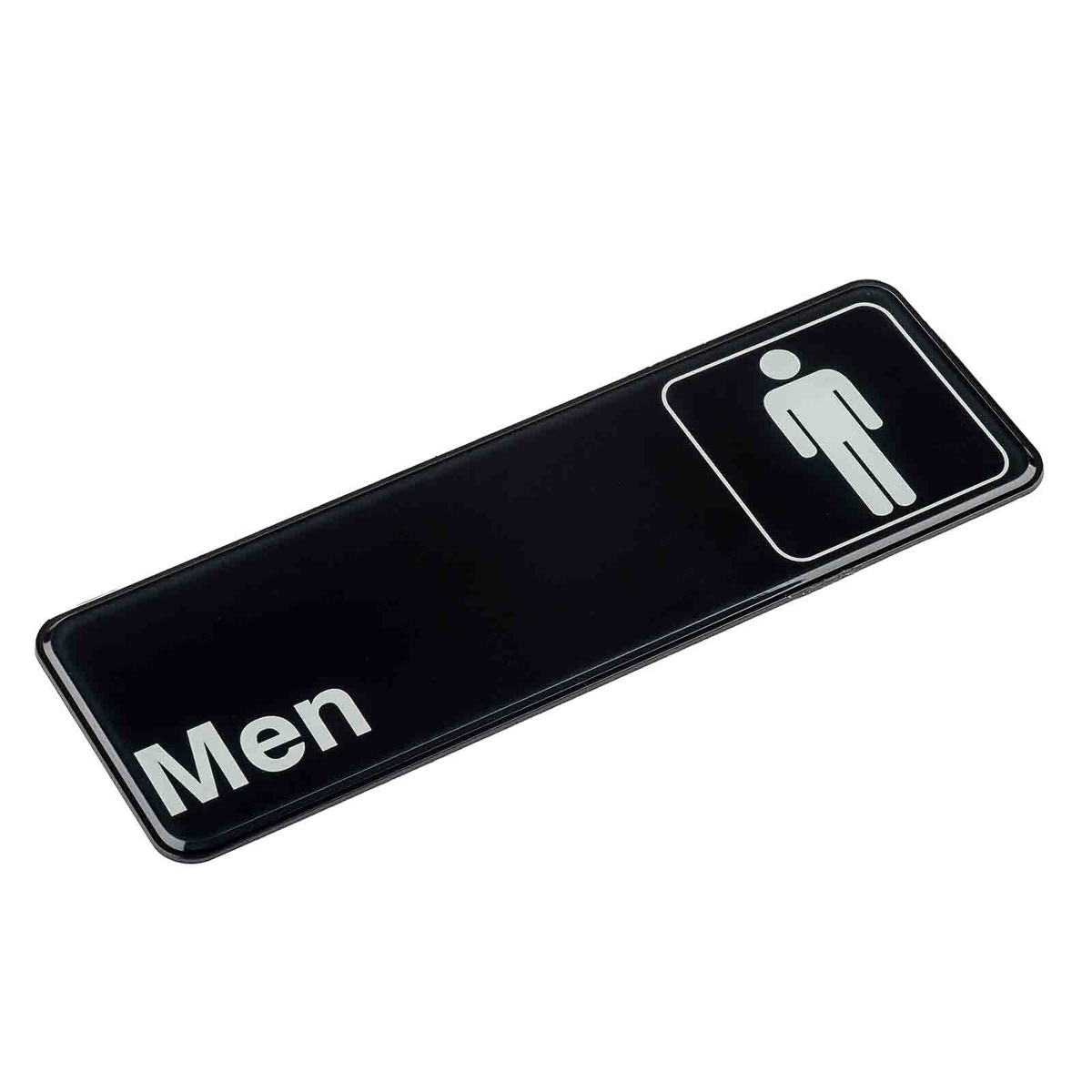 TableCraft Men Restroom Sign angled view showing rounded corners and profile thickness