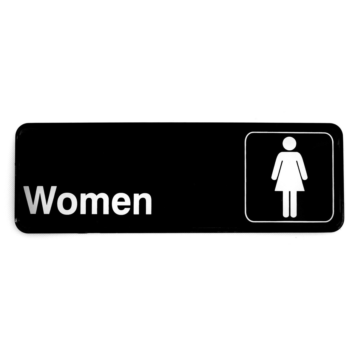 Tablecraft 394516 black rectangular Women restroom sign with white text and female symbol, front view