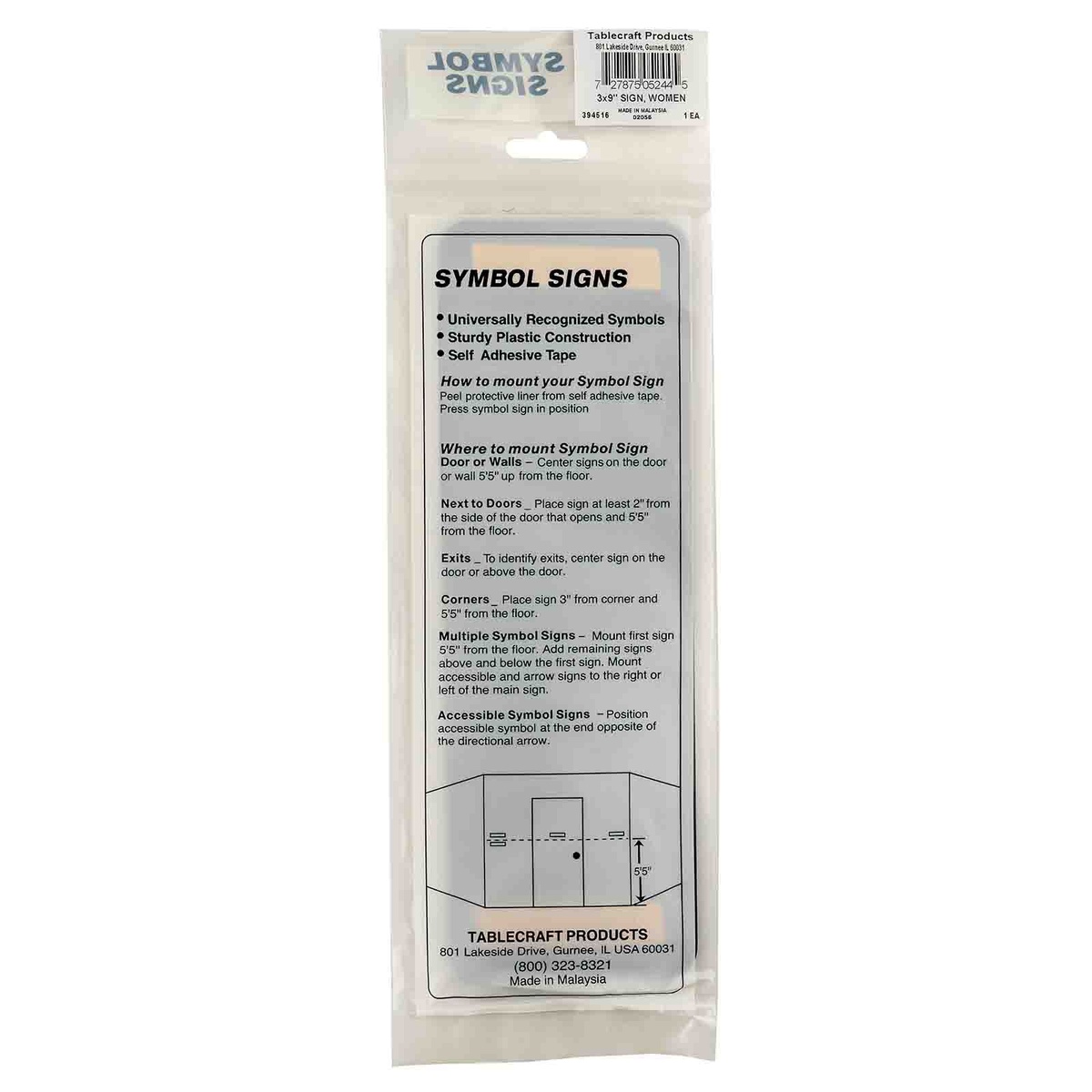 Tablecraft 394516 Women restroom sign in original retail packaging with mounting instructions printed on the back