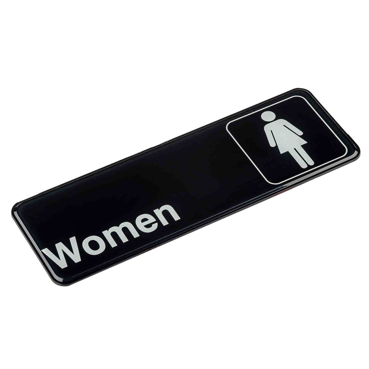 Tablecraft 394516 Women restroom sign shown at an angle, highlighting gloss finish and rounded edges
