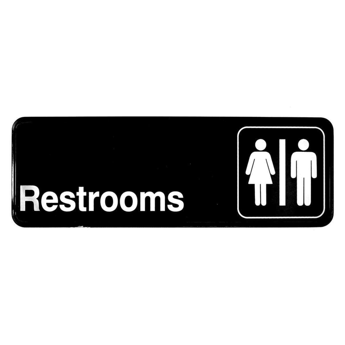 Tablecraft 394517 black plastic restrooms sign with white text and male/female symbols, 3 inch by 9 inch