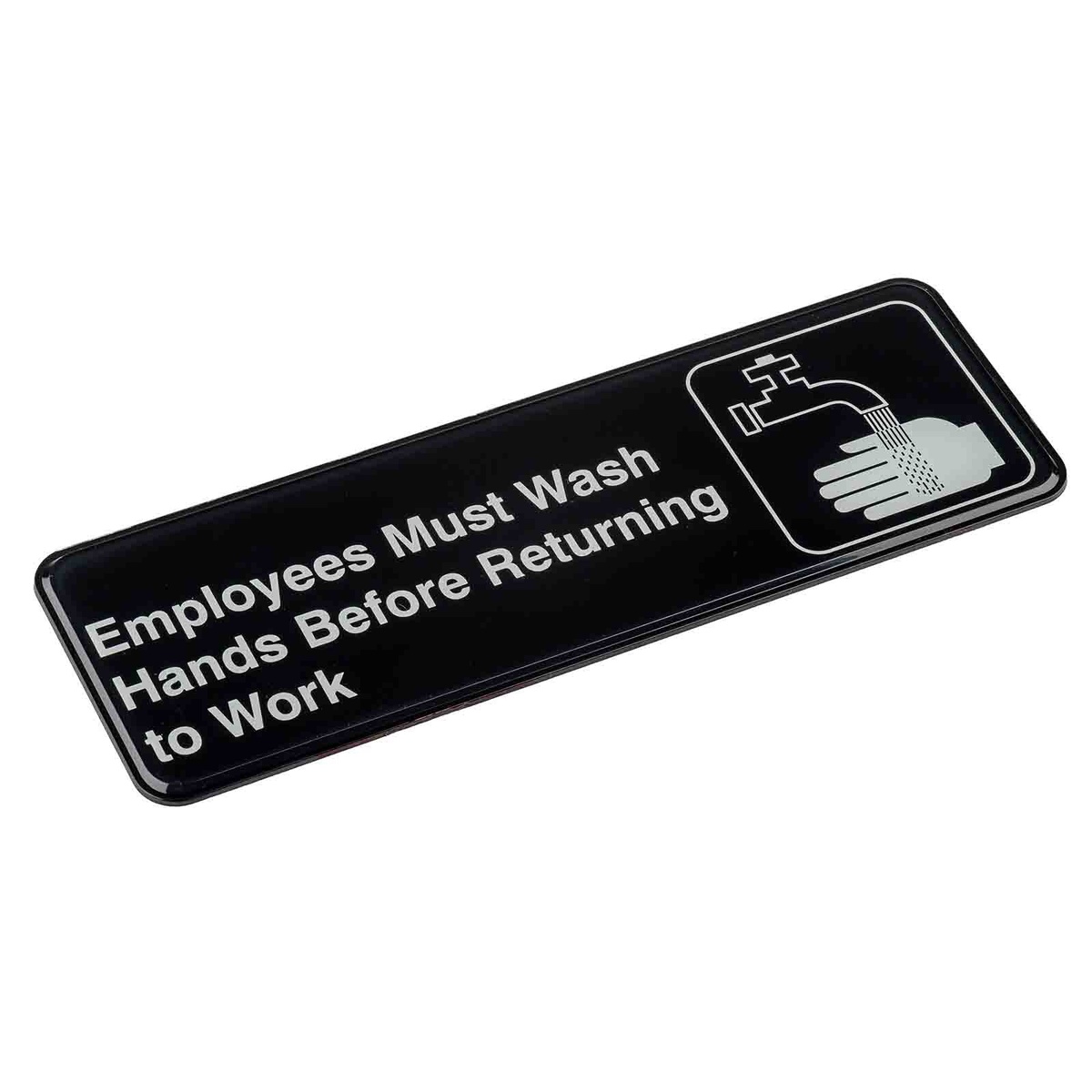 Angled close-up of the TableCraft 394530 black plastic hand washing compliance sign showing rounded corners and glossy finish