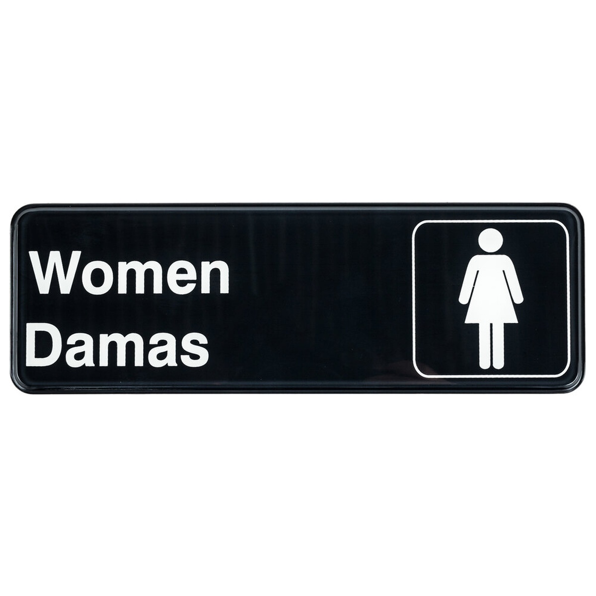TableCraft 394567 black plastic Women/Damas restroom sign with white text and female symbol icon