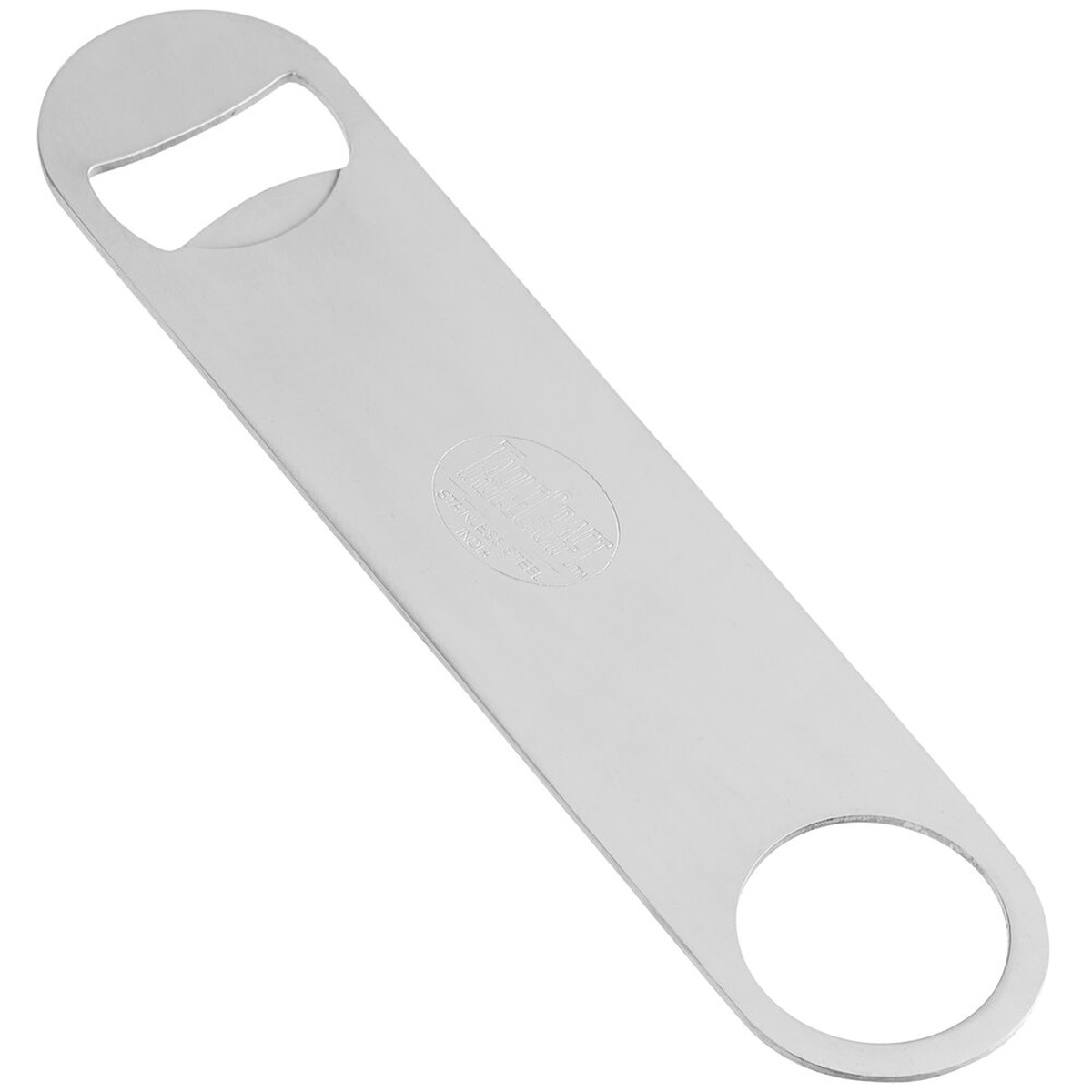TableCraft 396 7-inch flat stainless steel bottle opener with thumb hole