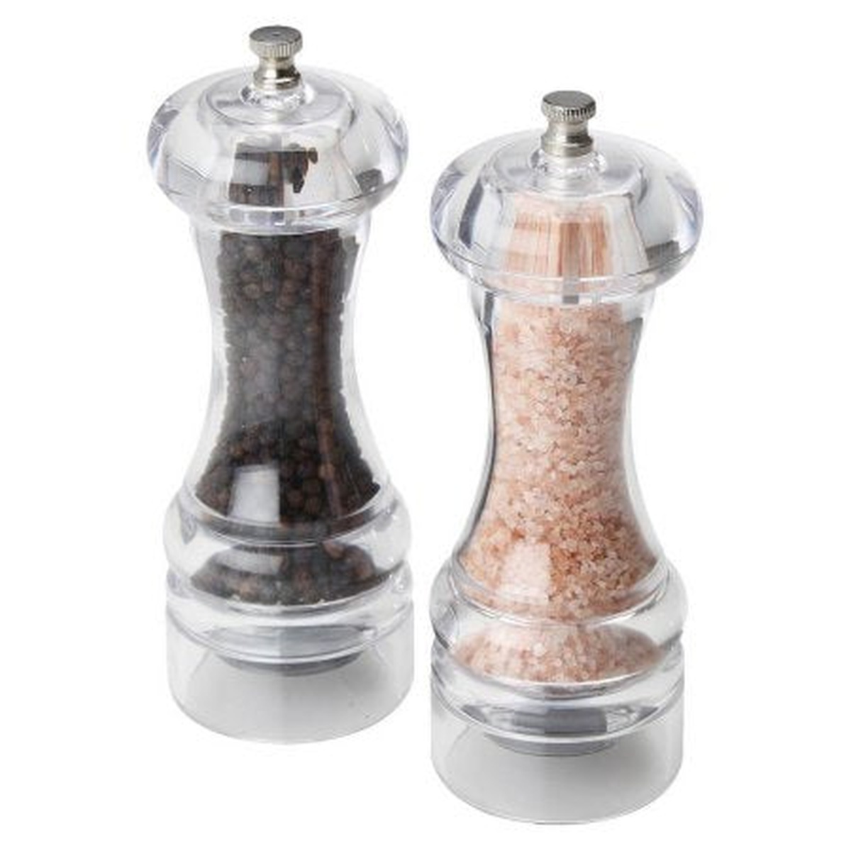 Olde Thompson 7-inch clear acrylic salt and peppermill set with brushed silver tops, filled with peppercorns and pink salt