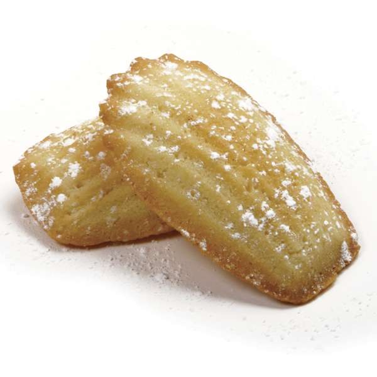 Two freshly baked mini madeleine cookies dusted with powdered sugar