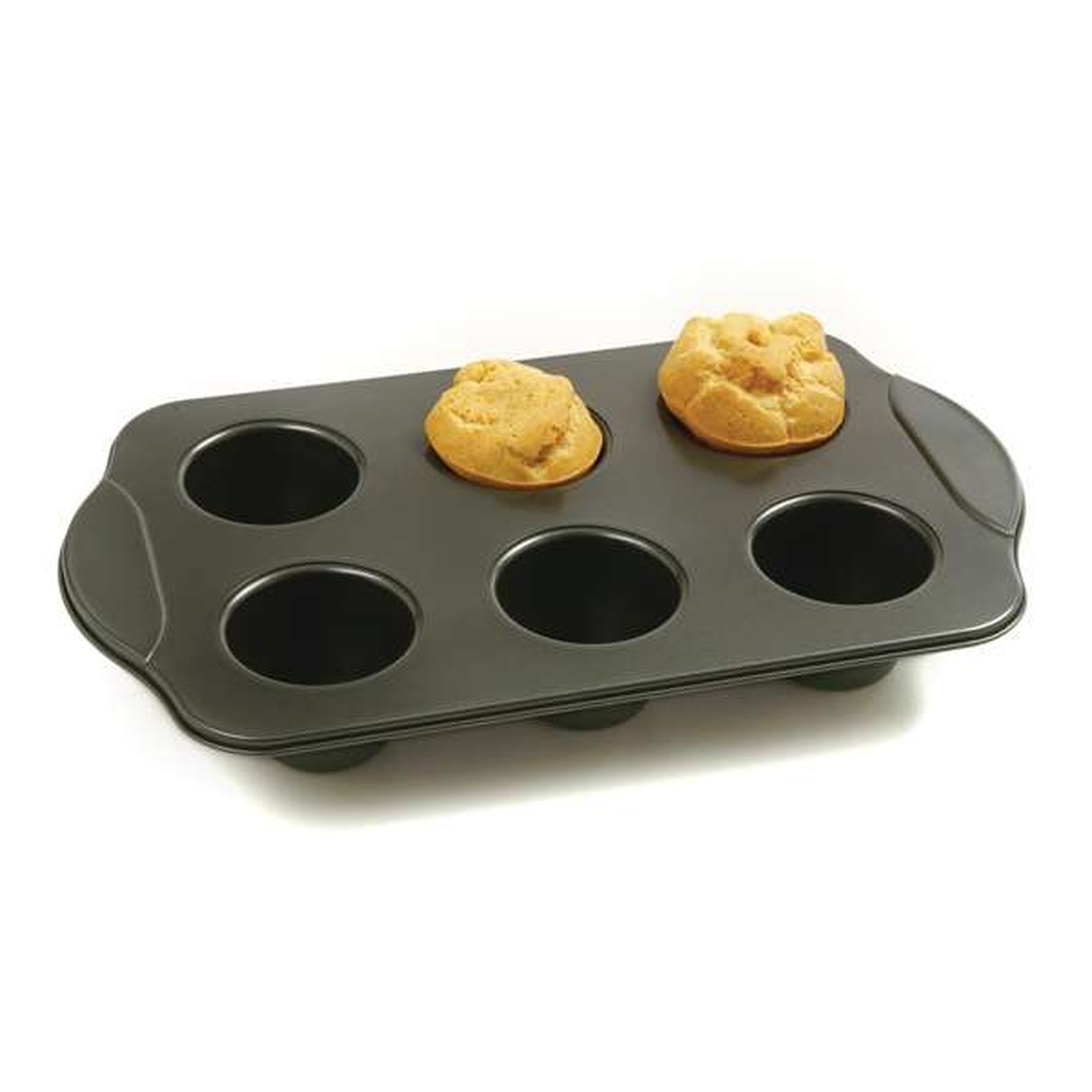 Norpro popover pan with two freshly baked golden popovers resting on top of the pan
