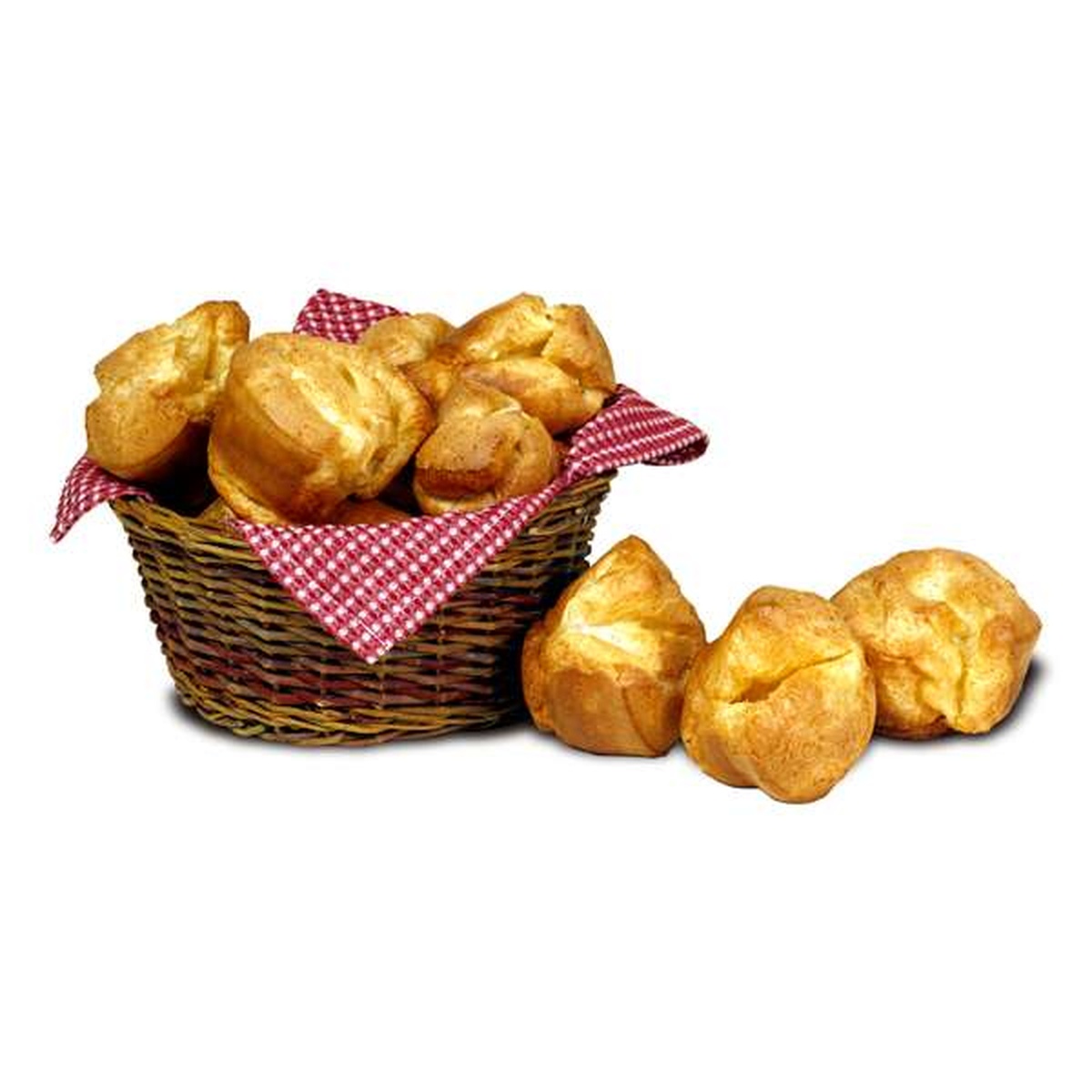Basket filled with classic tall golden popovers with a red gingham cloth liner and additional popovers beside the basket