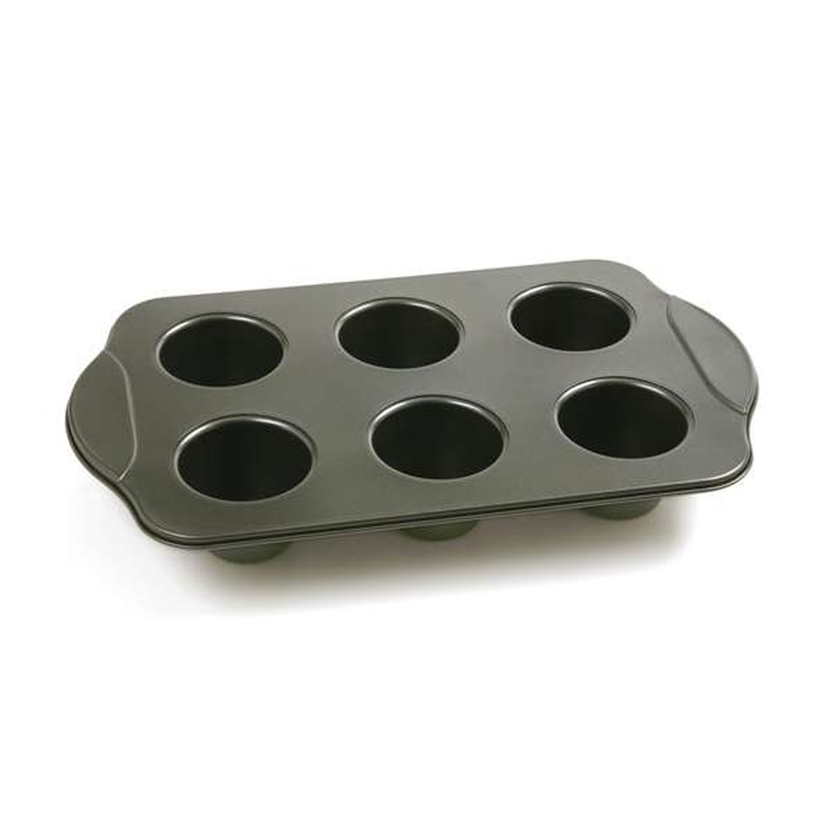 Norpro 3974 nonstick 6-cup popover pan viewed from above at an angle, showing six round deep wells