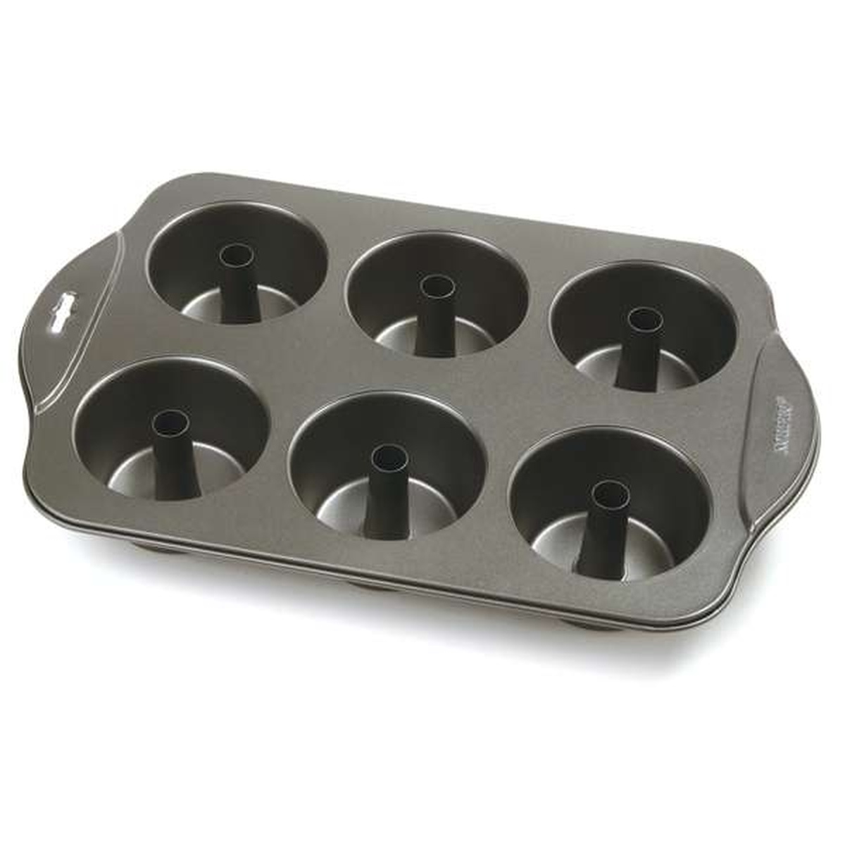 Norpro 6-cup nonstick mini angel food cake pan shown empty, top-down angle view revealing all six tube-center cavities