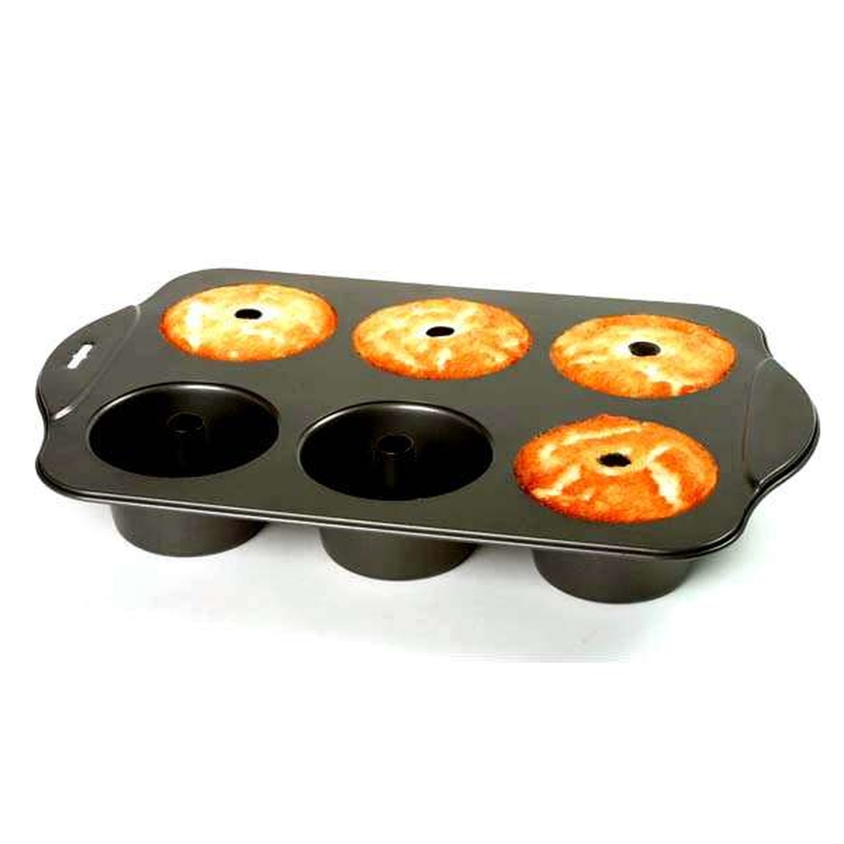 Norpro mini angel food cake pan with four golden-brown baked mini cakes visible in their cavities
