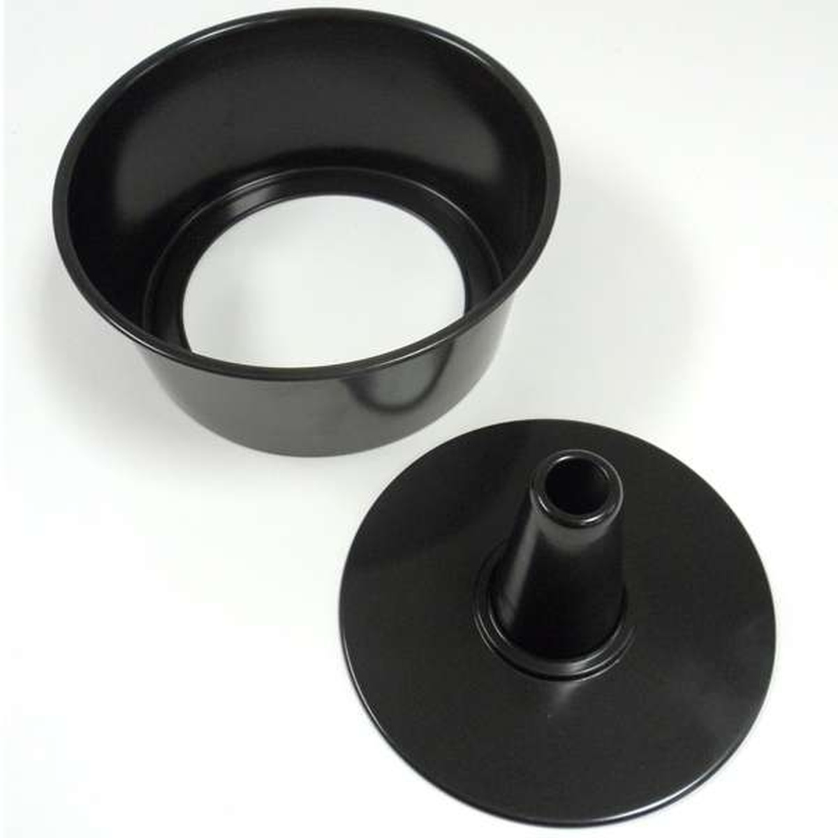 Norpro angel food cake pan outer ring and removable bottom insert shown from overhead angle