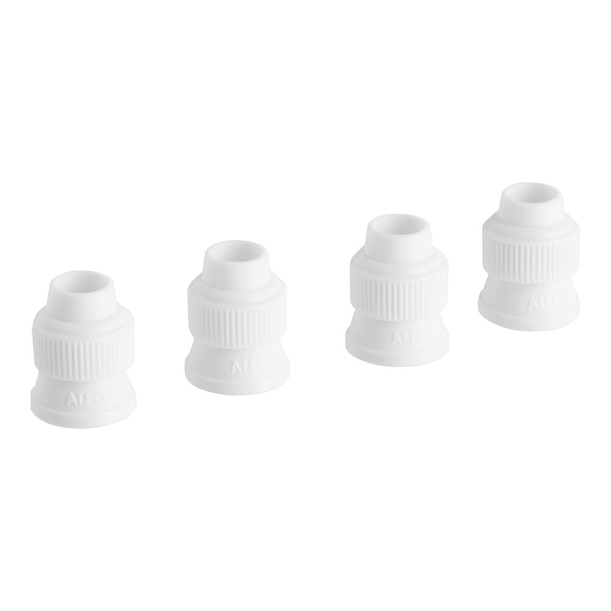 Four white Ateco 398 standard plastic couplers arranged on a white background