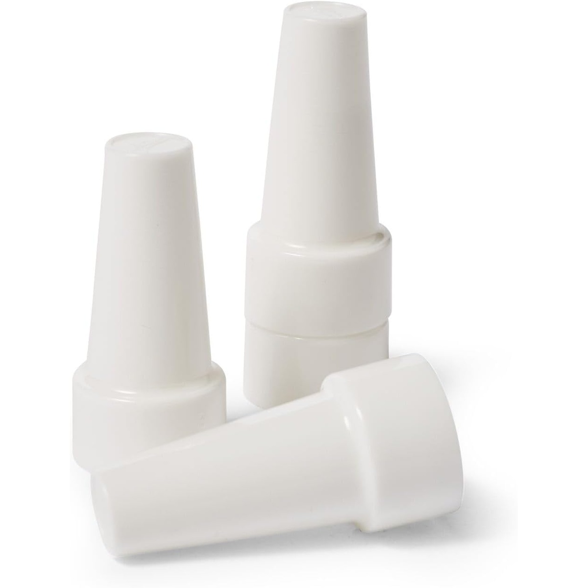 Set of four white plastic Ateco 399 pastry tube covers with tapered conical shape and coupler collar