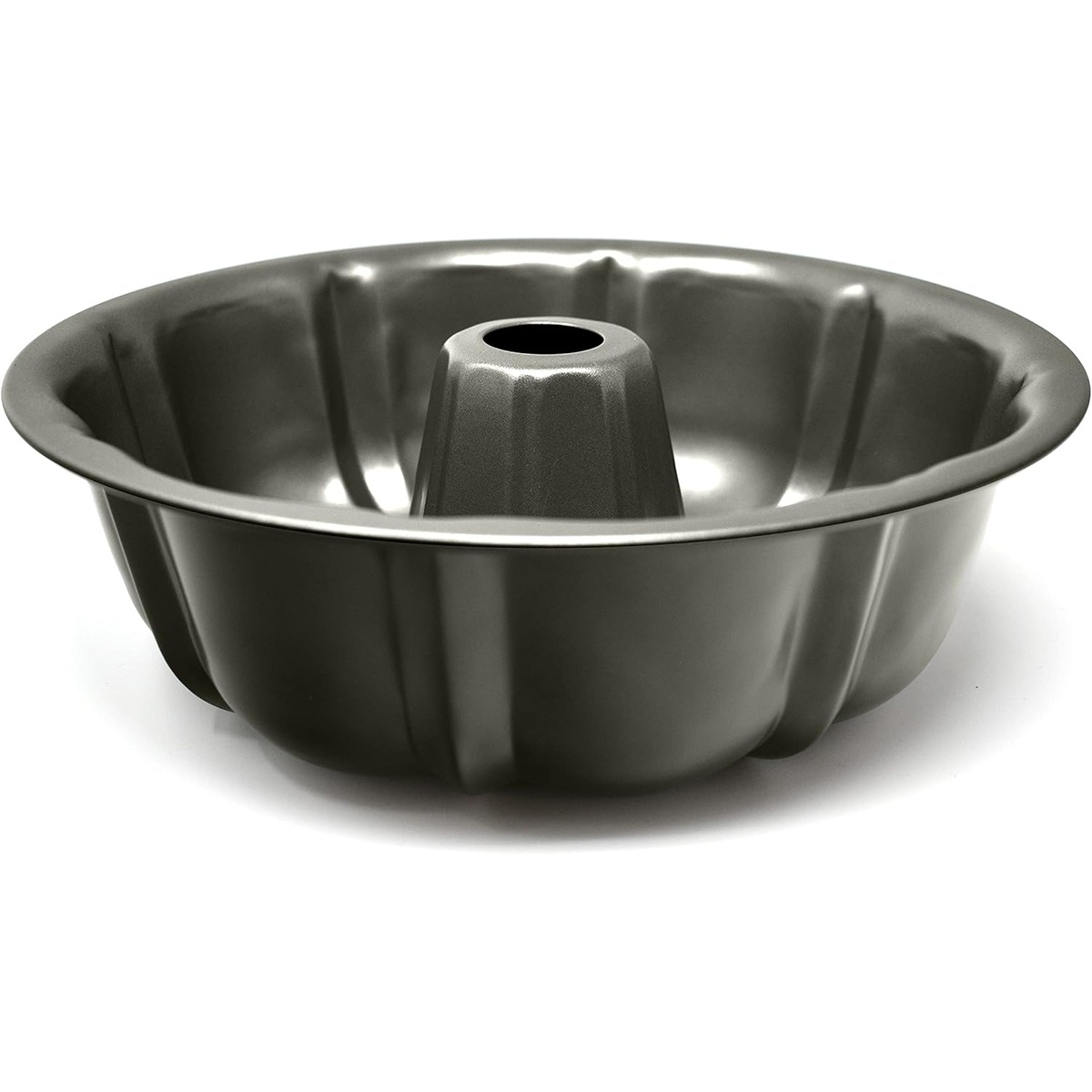 Norpro 3990 nonstick fluted bundt pan, angled side view showing dark graphite nonstick interior and center tube
