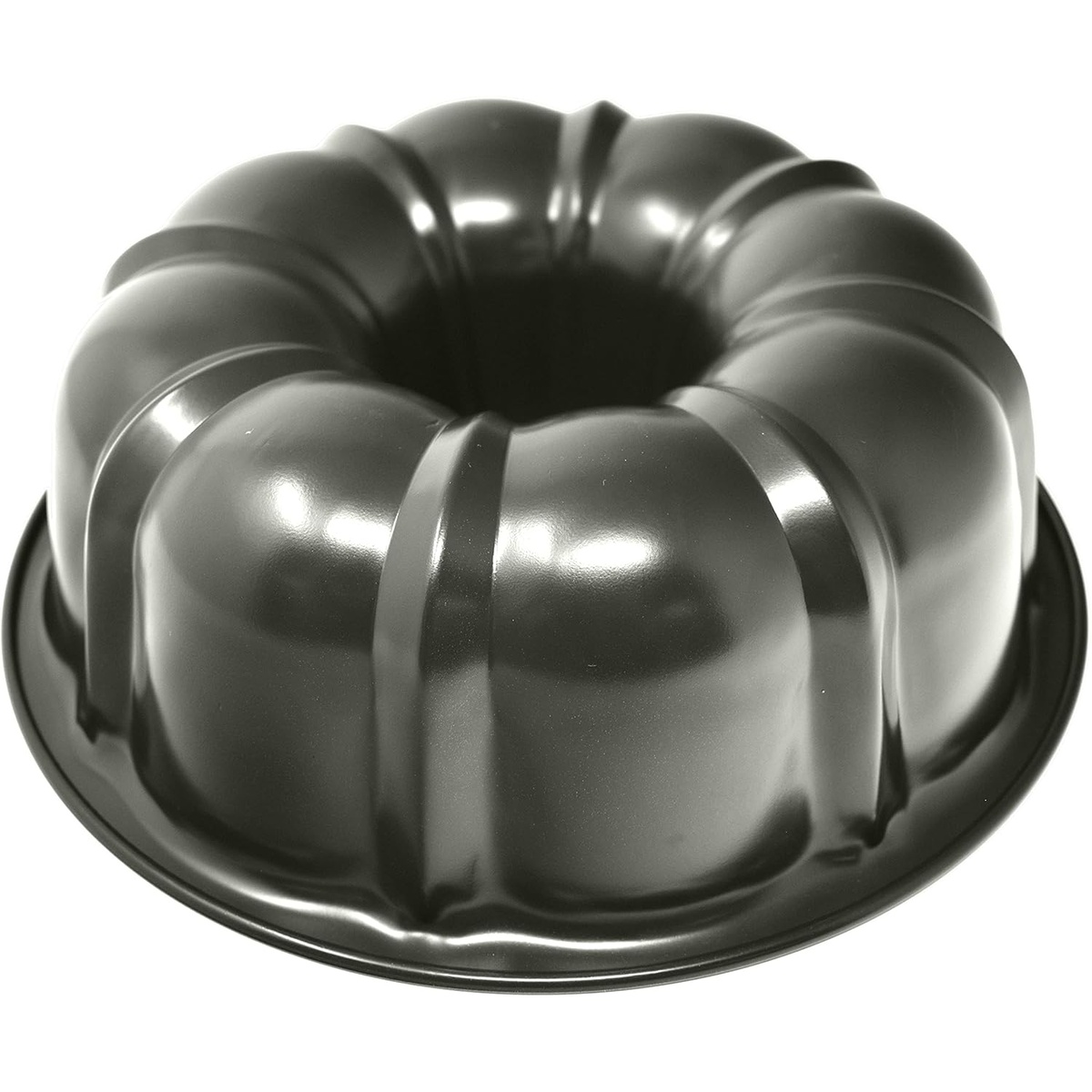 Exterior bottom view of Norpro 3990 bundt pan showing raised fluted ridges and dark nonstick exterior finish