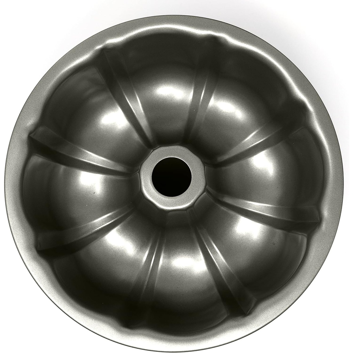 Top-down view of Norpro 3990 bundt pan showing symmetrical fluted pattern and center hole