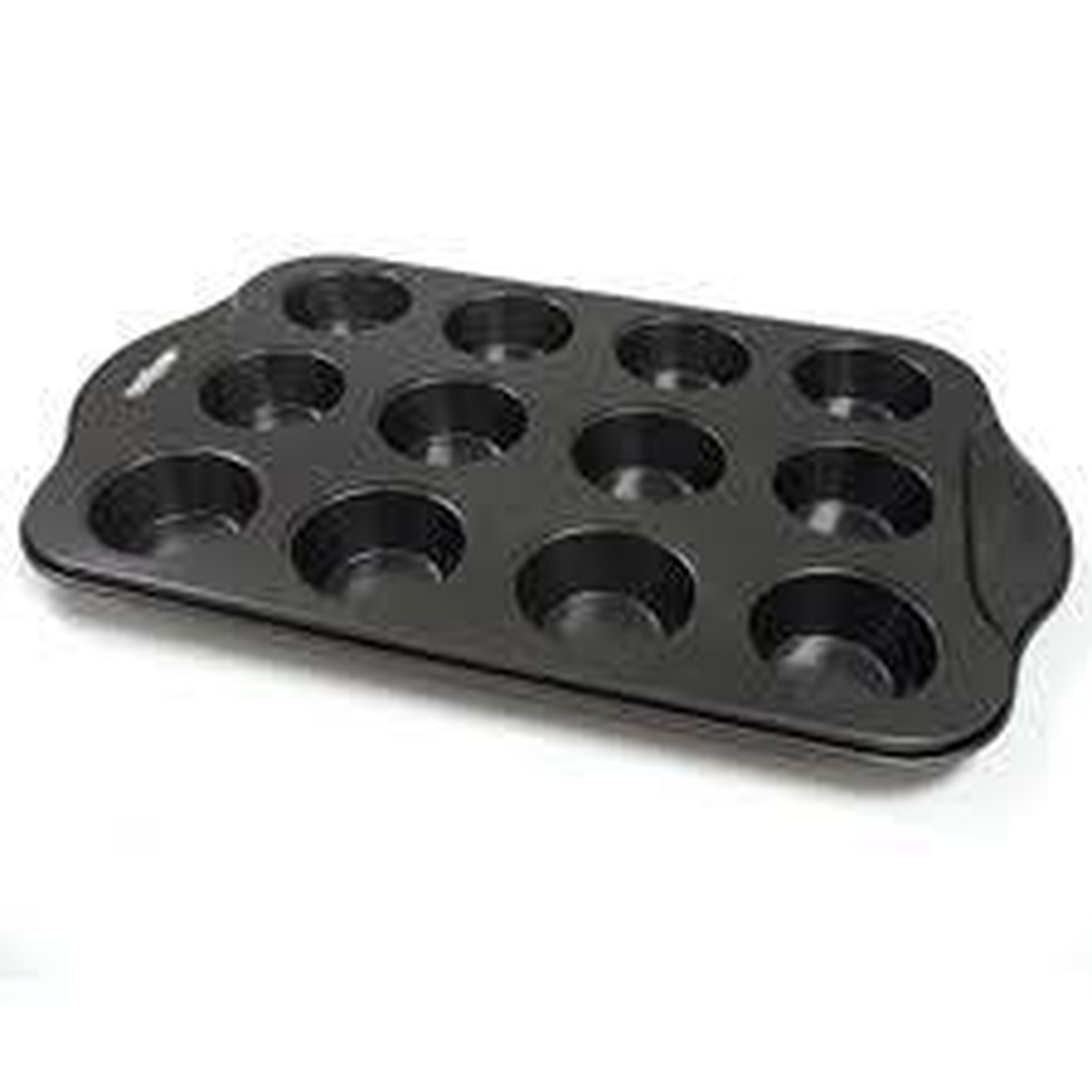 Norpro black nonstick 12-hole mini muffin pan with wide handles, top view