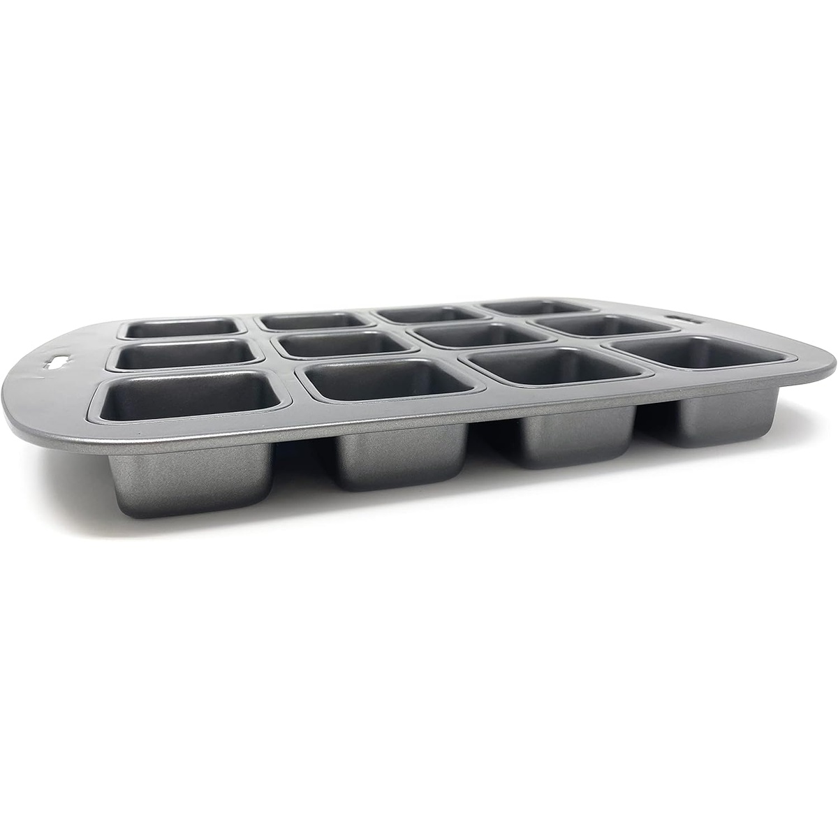 Side profile view of the Norpro square mini cake pan highlighting the depth and underside of the cavities