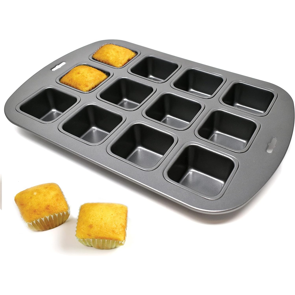 Norpro 12-cavity square mini cake pan with golden square mini cakes releasing from the non-stick cavities