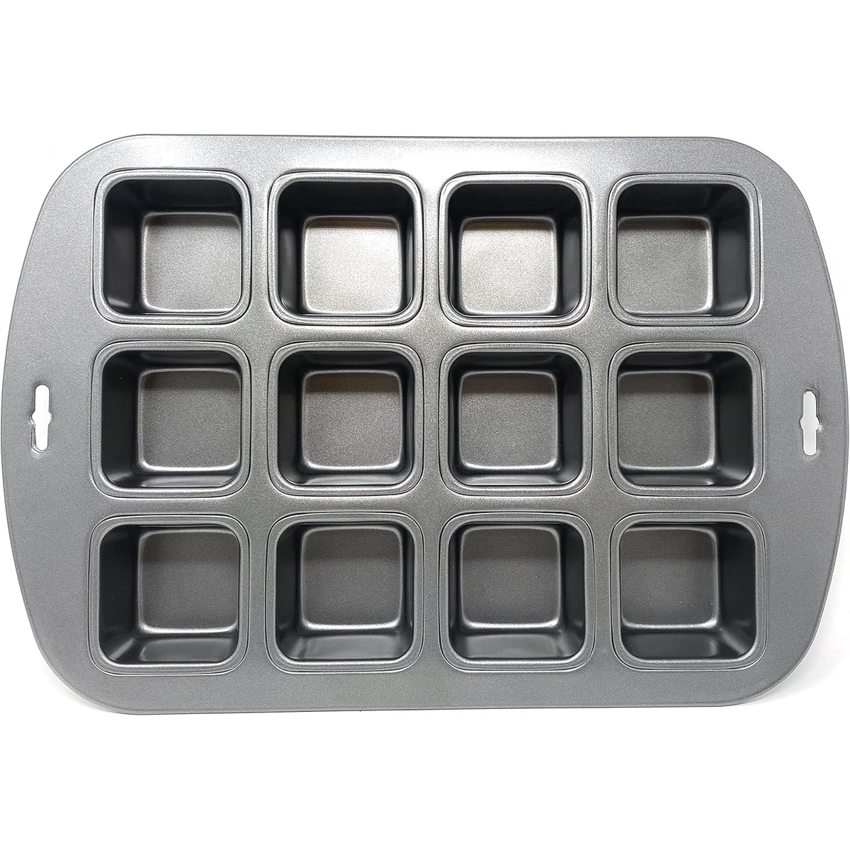 Top-down view of the Norpro 12-cavity square mini cake pan showing the 3x4 grid of square wells