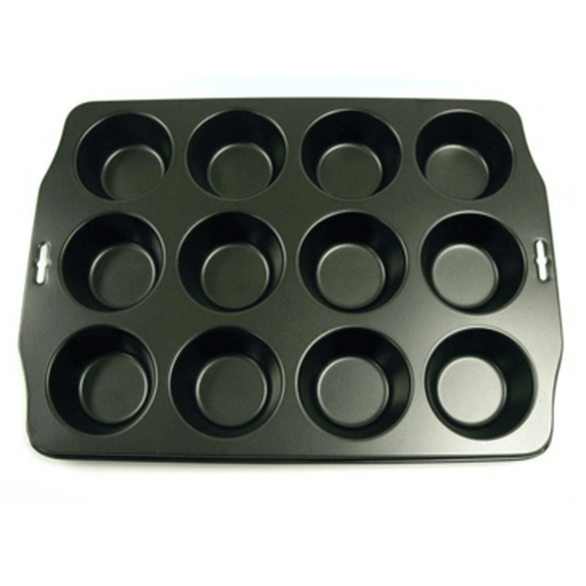 Norpro 12-cup nonstick muffin pan with two integrated handles and evenly spaced round wells