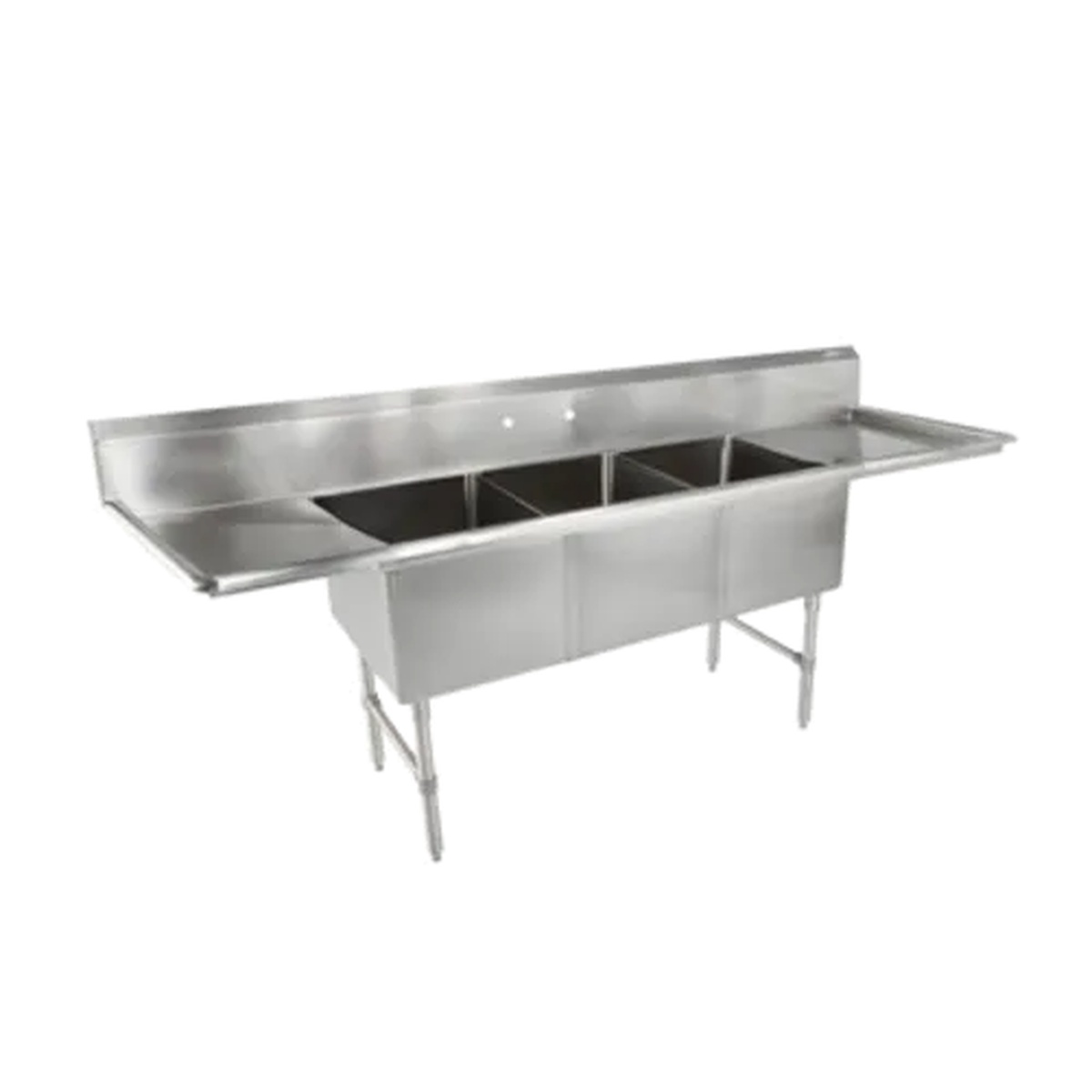 John Boos 3B16204-2D24-X three-compartment stainless steel sink with dual 24-inch drainboards on white background
