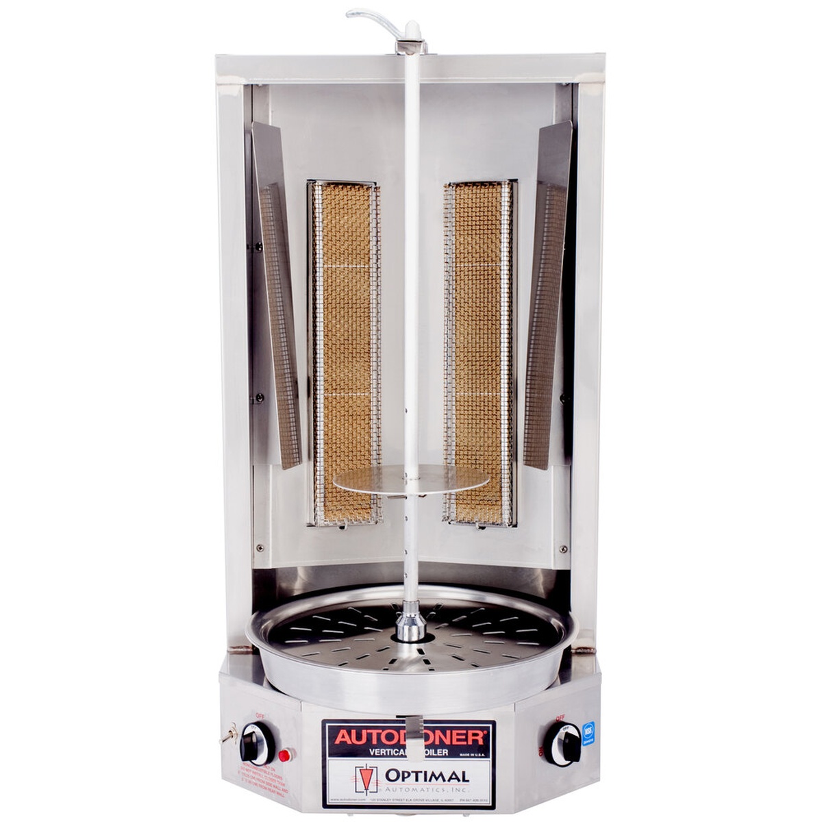Optimal Automatics 3PG Autodoner vertical broiler with dual burners, adjustable heat shields, and center skewer