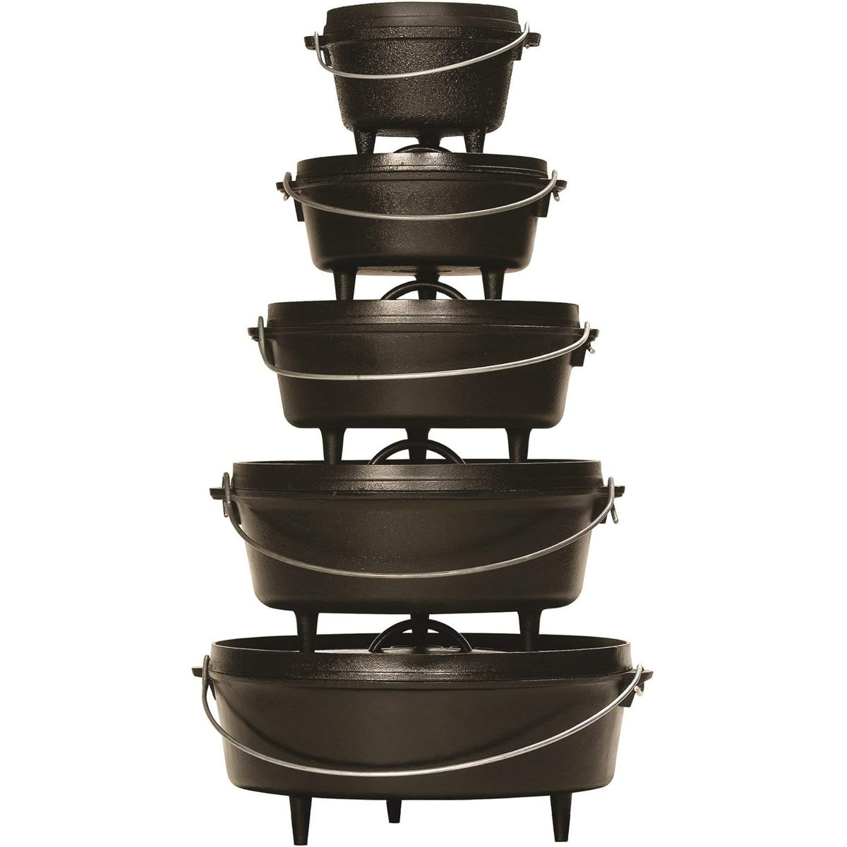 Stack of Lodge Camp Dutch Ovens of various sizes on white background