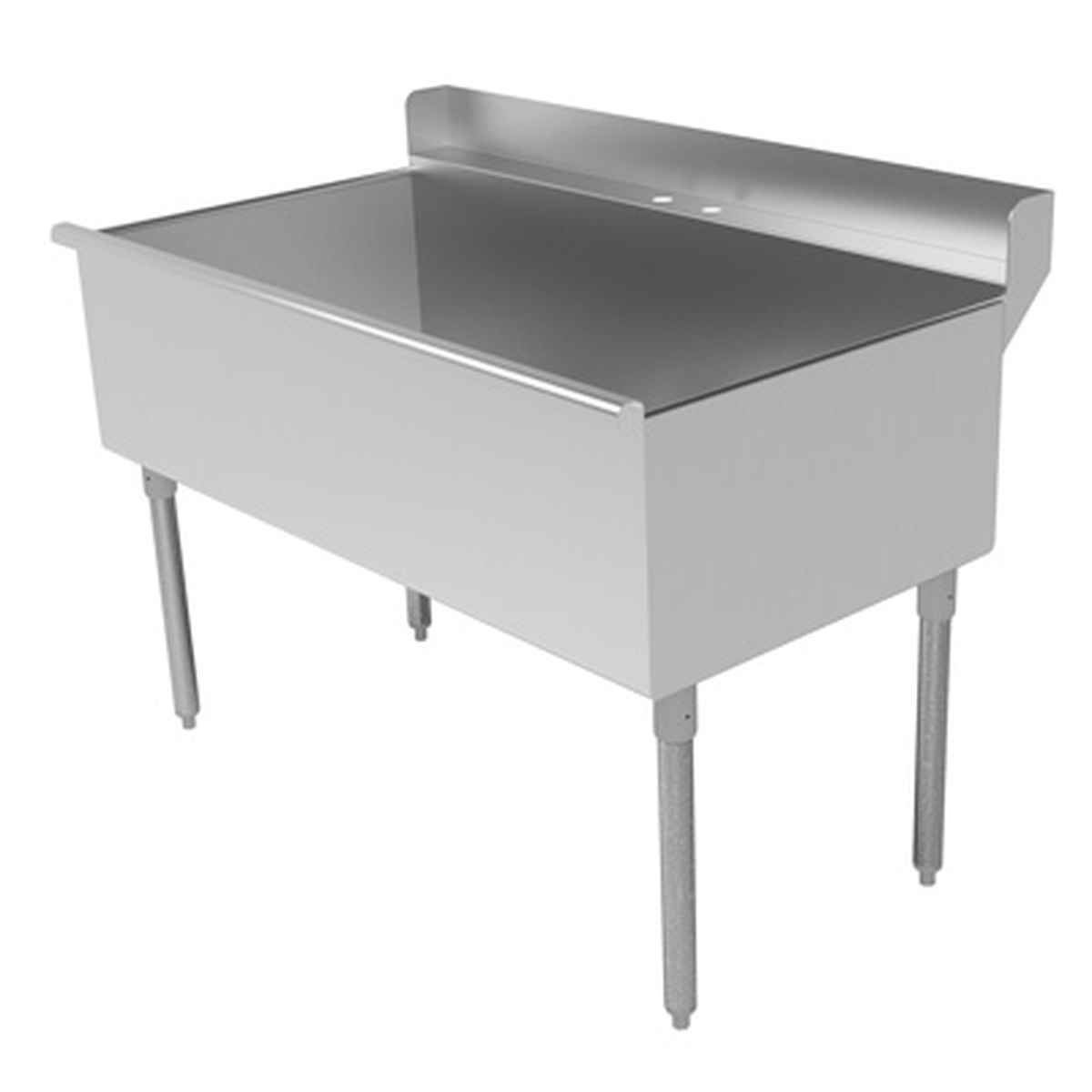 Wide-view of Advance Tabco 4-41-36 stainless steel sink showing deck space and galvanized tubular legs