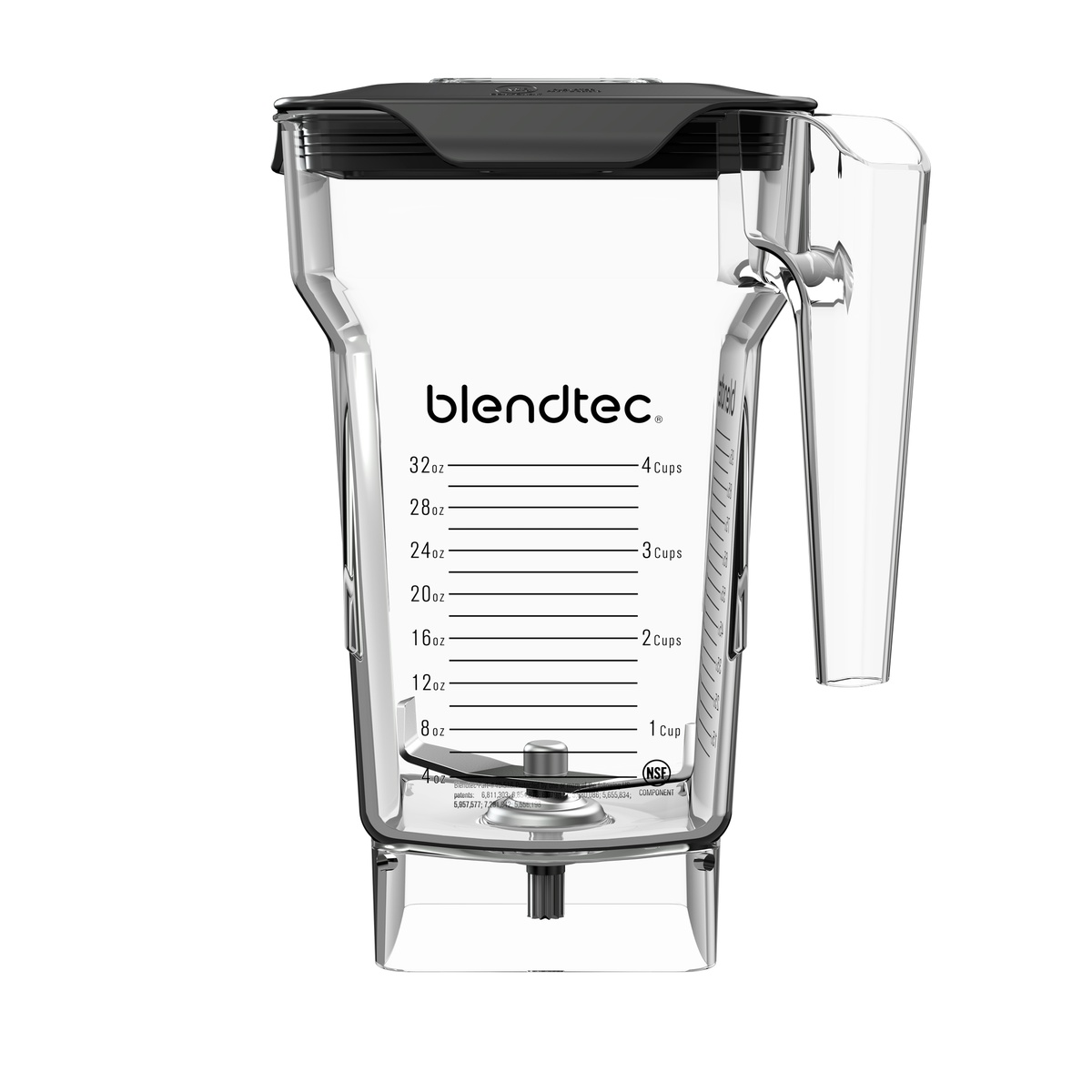 Blendtec FourSide clear blender jar with black latching lid and measurement markings