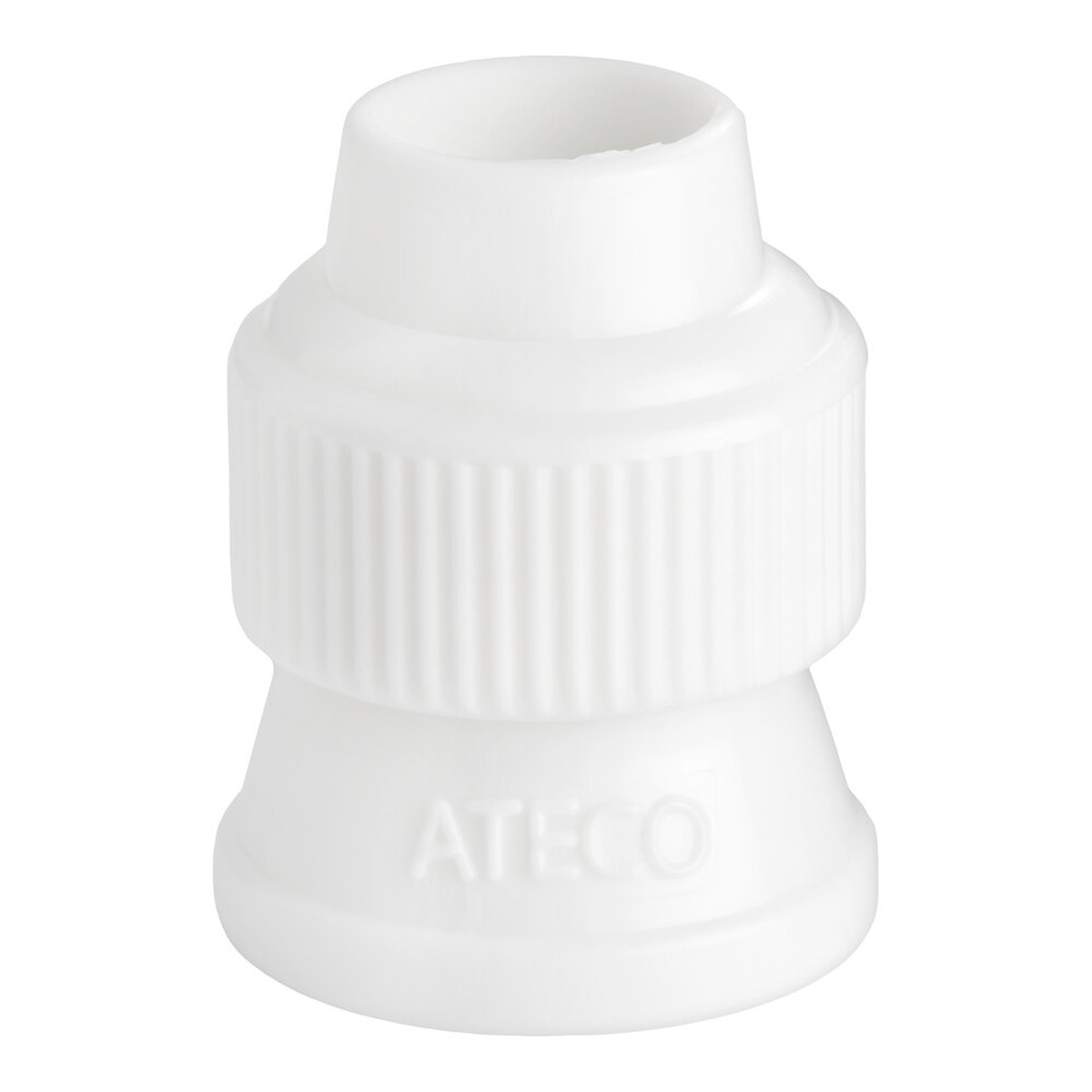 Ateco 400 white plastic 2-piece pastry bag coupler with ridged ring, shown assembled on white background