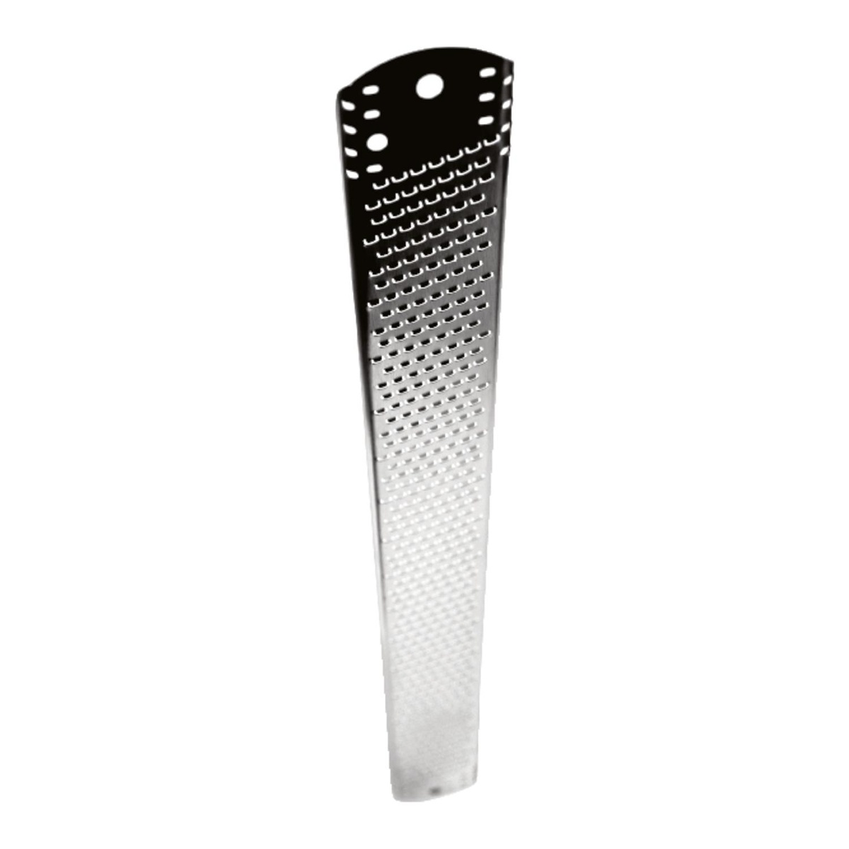Angled view of the Microplane stainless steel zester showing the sharp grating surface
