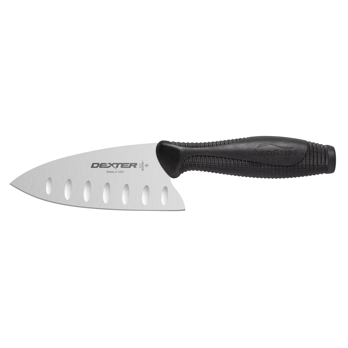 Dexter DuoGlide 5-inch utility knife with black polypropylene handle and stainless steel Granton-edge blade on white background