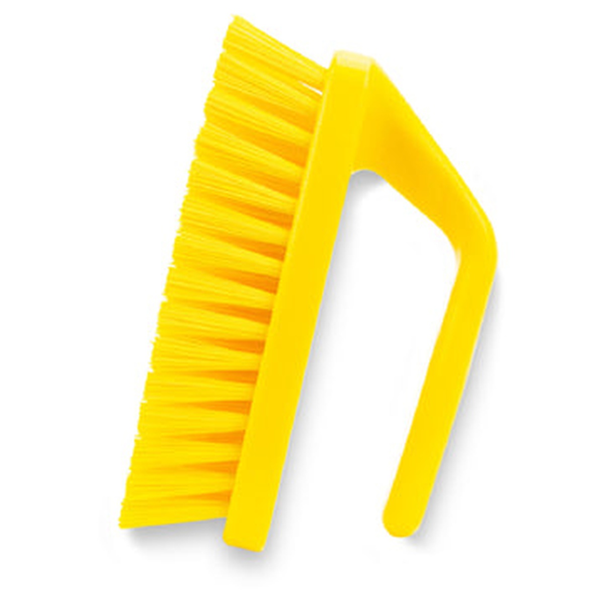 Carlisle Sparta 40024EC04 yellow bake pan lip brush angled rear view showing iron shape handle profile