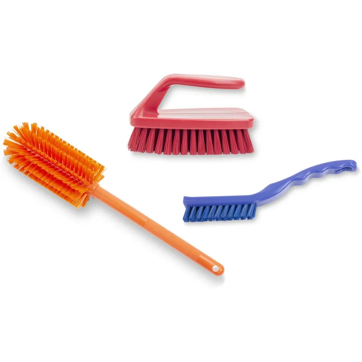 Assortment of Carlisle Sparta cleaning brushes in red, orange, and blue showing the range of professional brush styles
