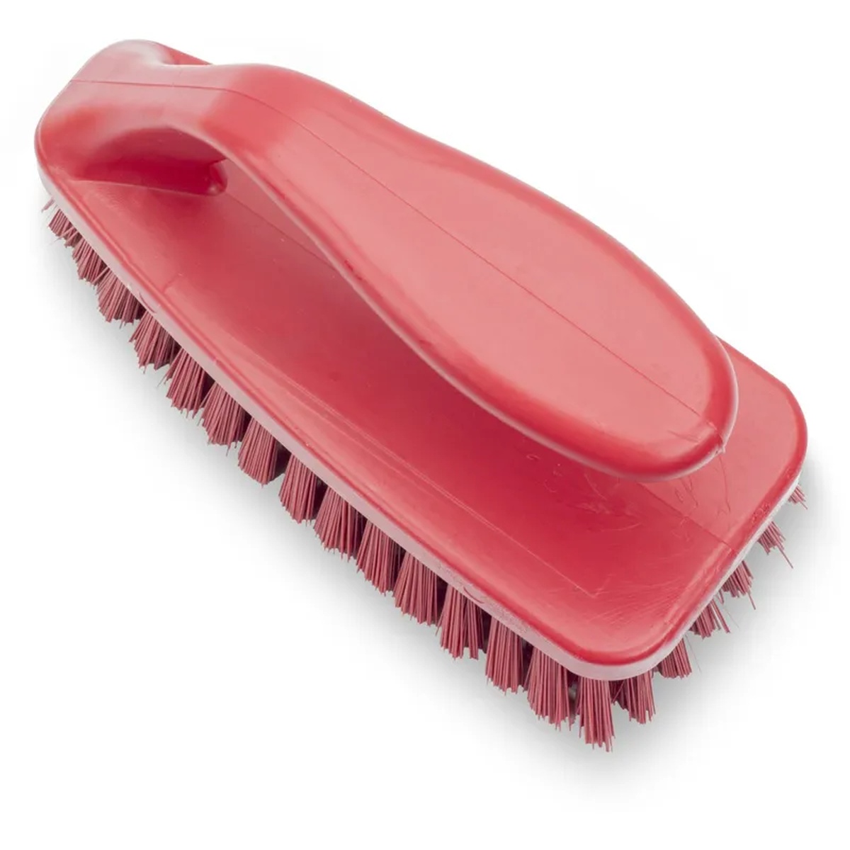 Top-down view of red Carlisle Sparta bake pan lip brush showing full footprint and loop handle