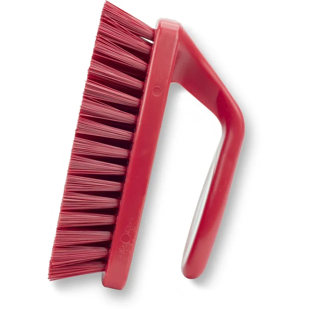 Side profile view of red Carlisle Sparta bake pan lip brush showing bristle depth and handle structure