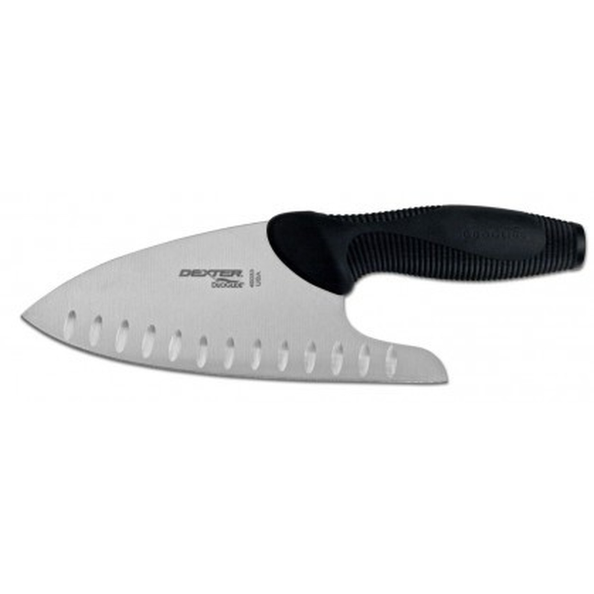 Dexter Russell DuoGlide 8-inch All-Purpose Chef's Knife with black polypropylene handle and silver high-carbon steel Granton-edge blade